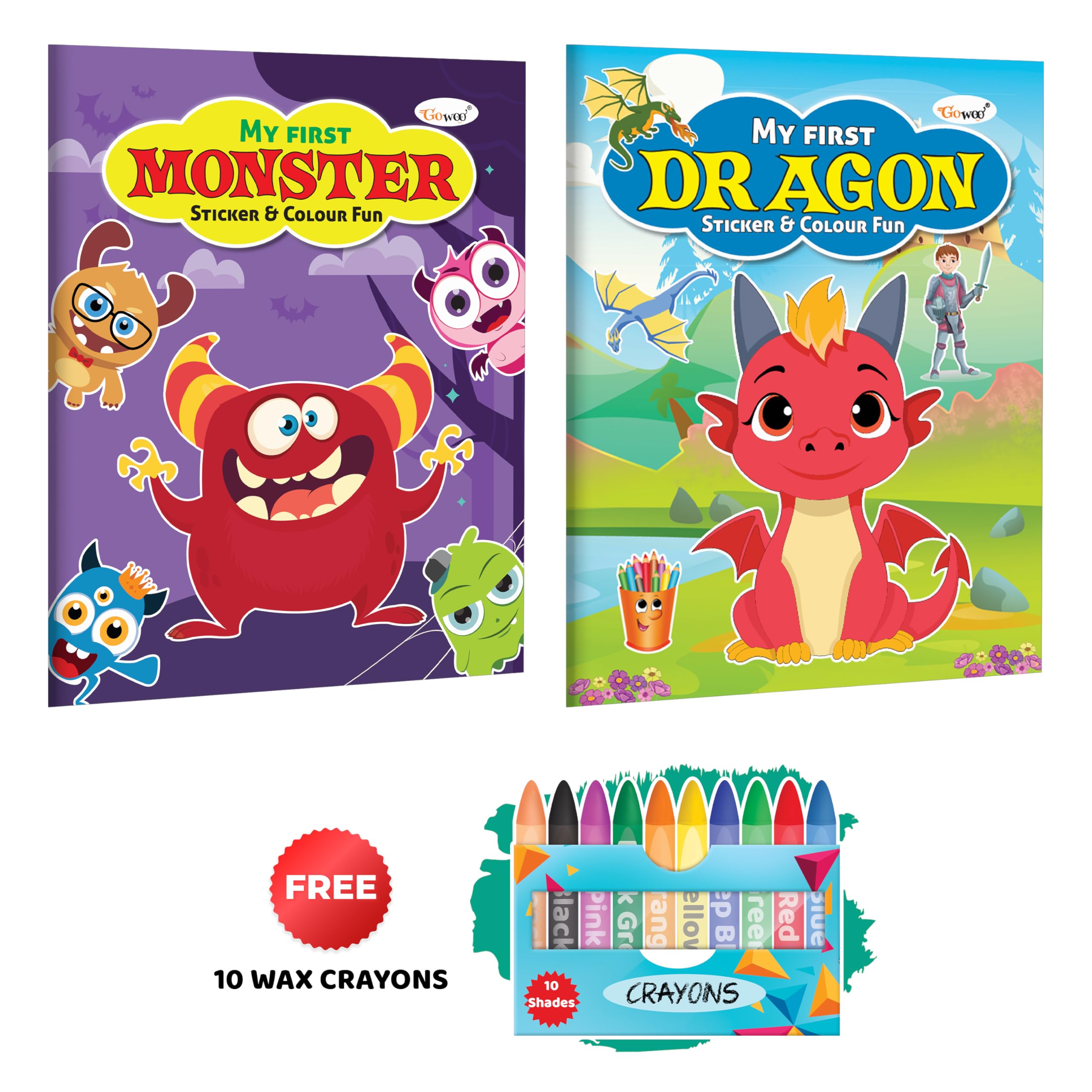 My First Monster and Dragon Sticker and Colour Fun with 10 Wax Crayons : Kids Creative colouring Book, Educational Coloring Book