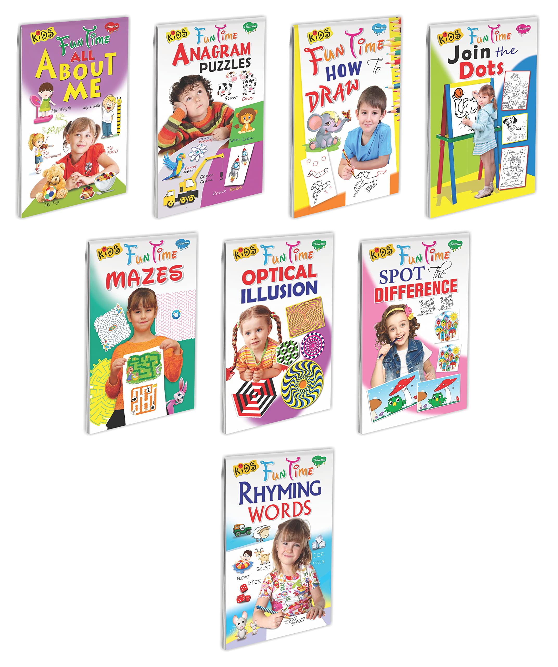 Set Of 8 Kids Fun Time Books (Kids Fun Time : All About Me, Anagram Puzzles, How To Draw, Join The Dots, Mazes, Optical Illusion