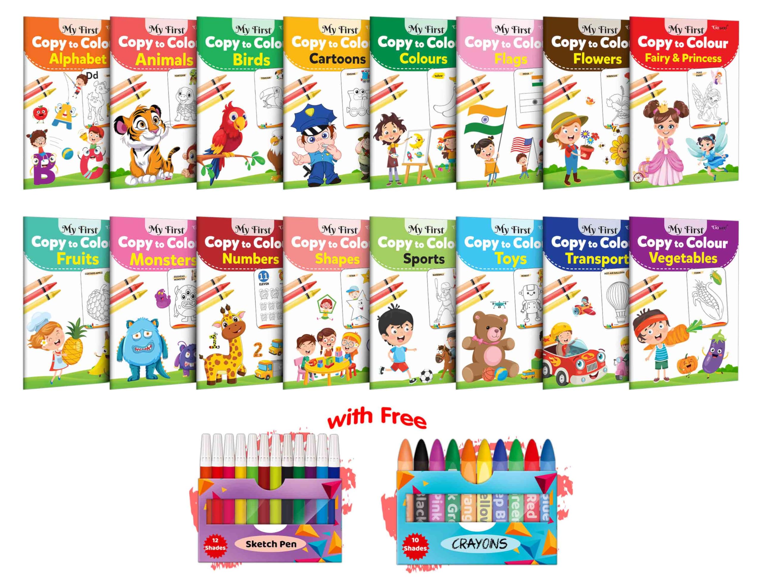 My First Copy to Colour  Alphabet, Animals, Birds, Cartoons, Colours, Monster, Flowers and more with 12 WATER COLOUR SKETCH PEN