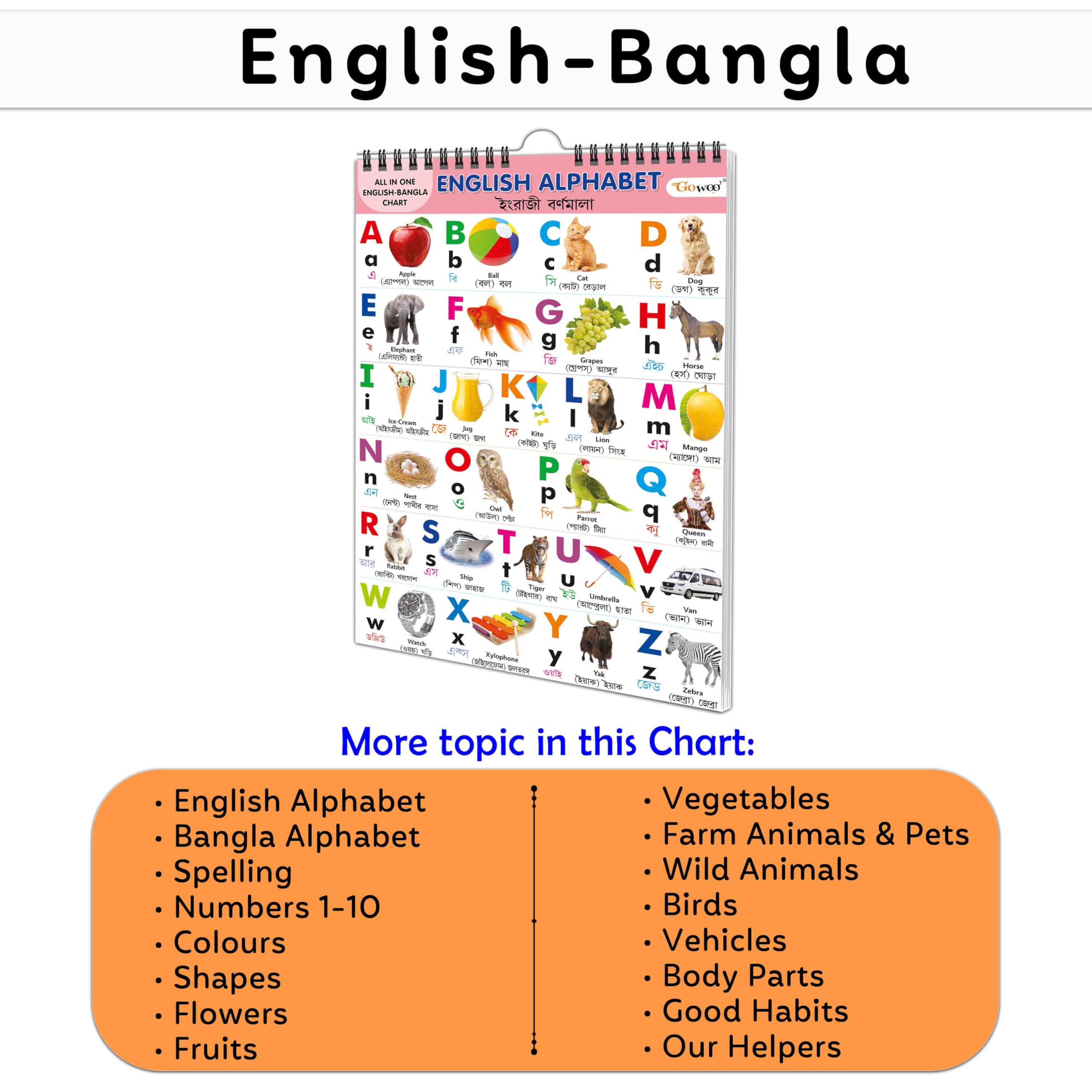 My First ALL IN ONE SPIRAL CHART ENGLISHBANGLA : Early Learning Chart Book Collections, Chart Book With 16 Topics, gift for Kid