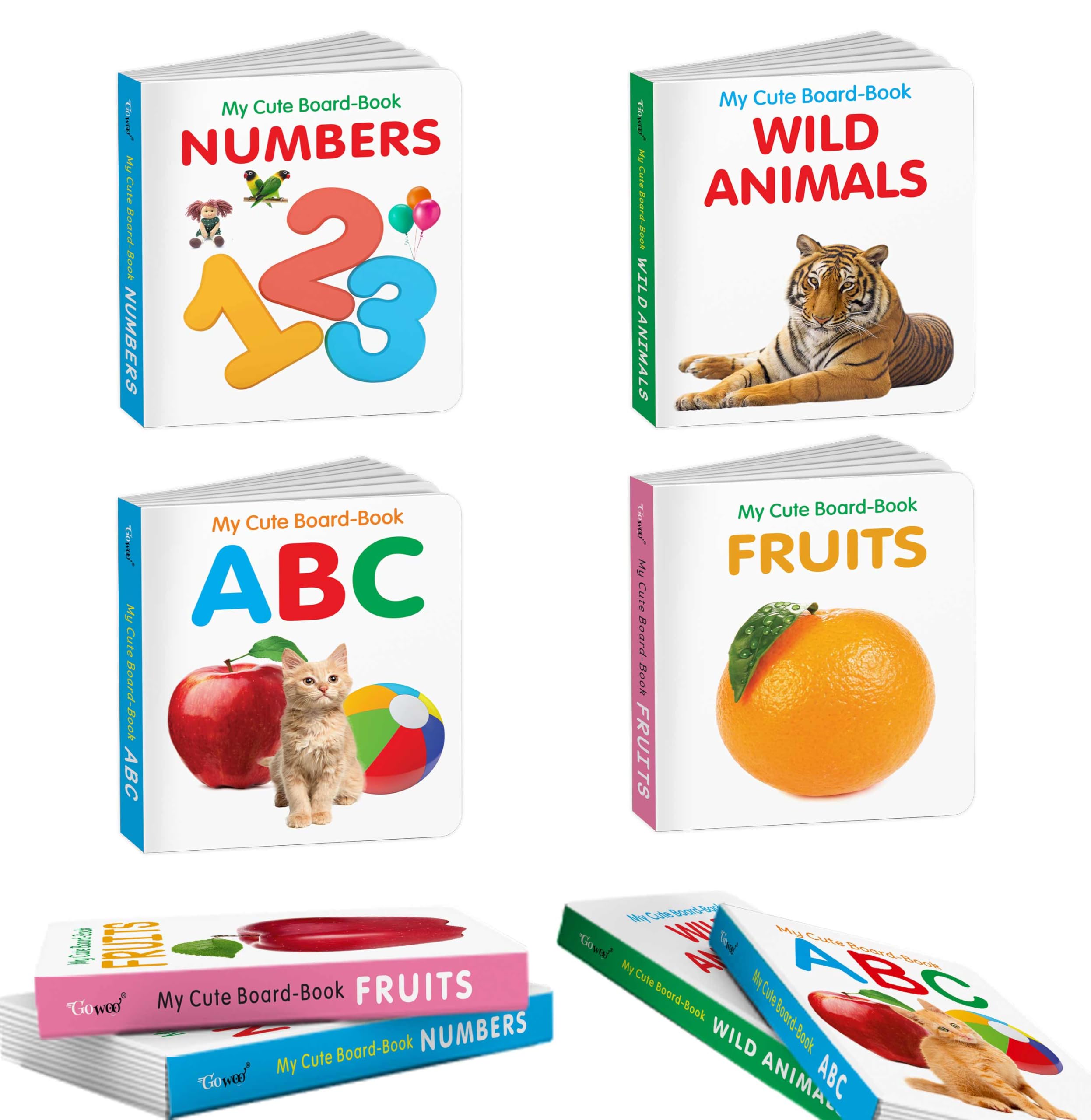 Baby board books collection  ABC, Wild Animals Fruits and Numbers : Cute board book for kids, educational gift books for toddle