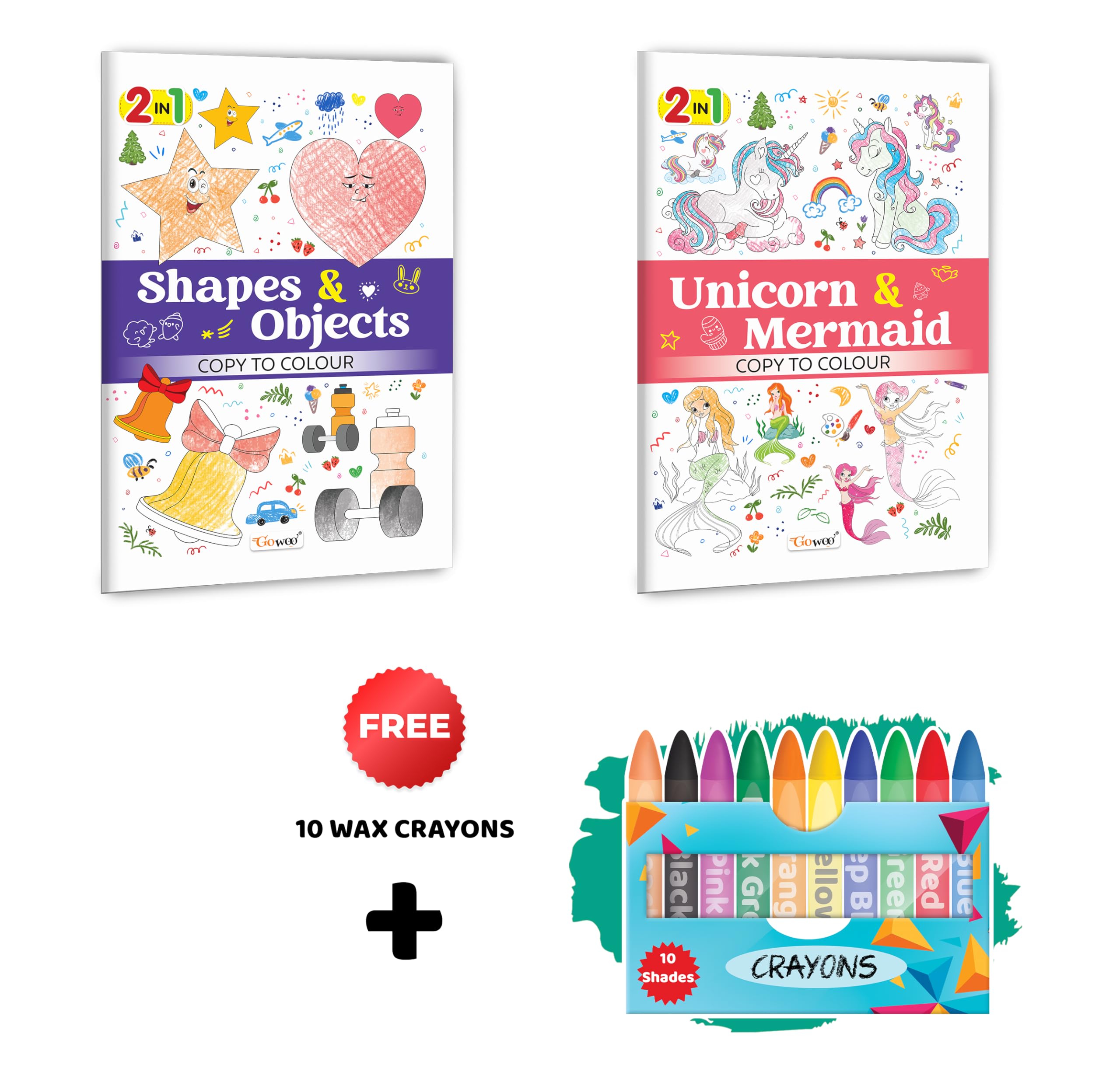 2 in 1 Copy to Colour  Shapes & Objects and Unicorn & Mermaid with 10 Wax Crayons : Fantasy plus shapes, Creative kids combo, 