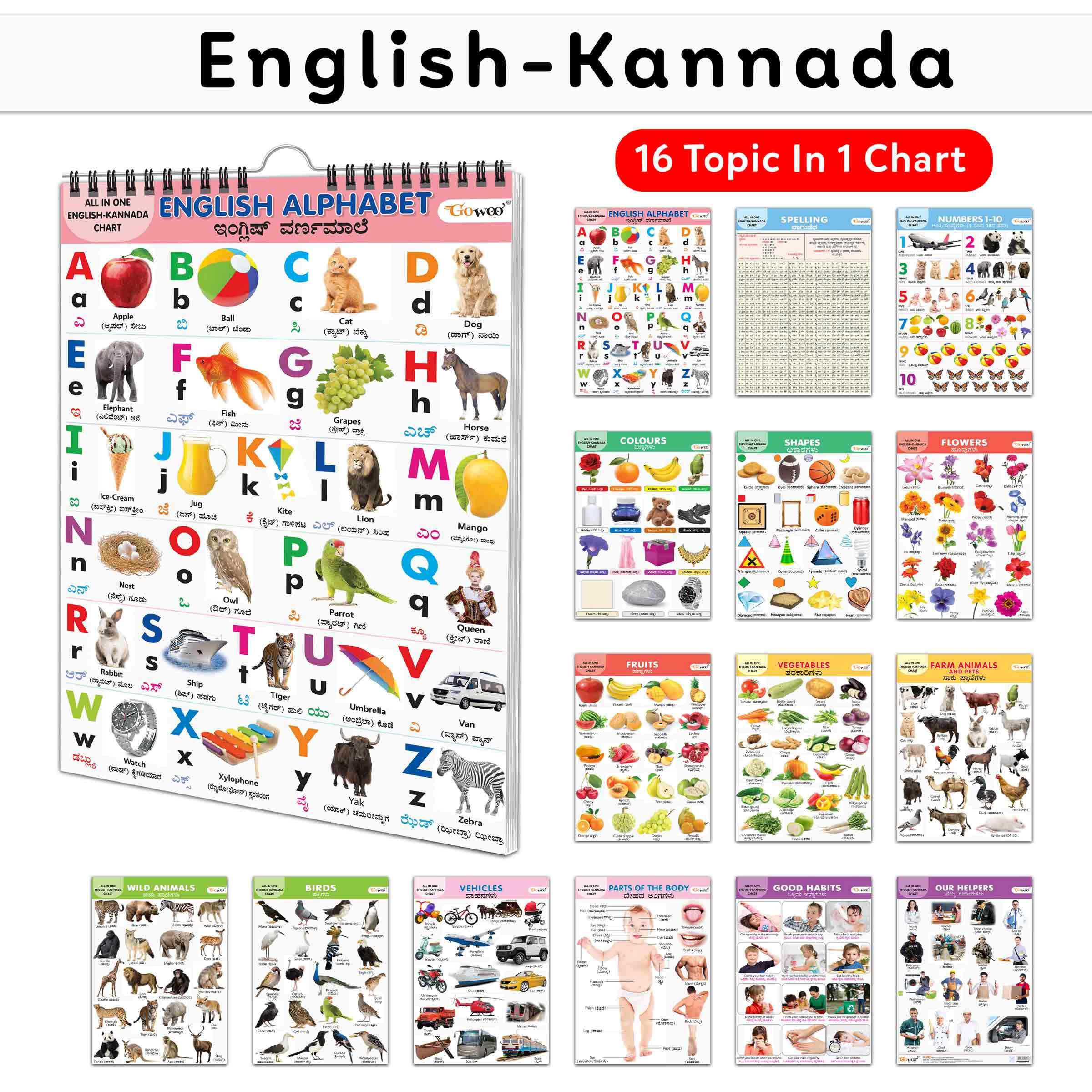 My First ALL IN ONE SPIRAL CHART ENGLISHKANNADA : Chart Book Of All In One, Early childhood learning Chart With 16 Topics, birt