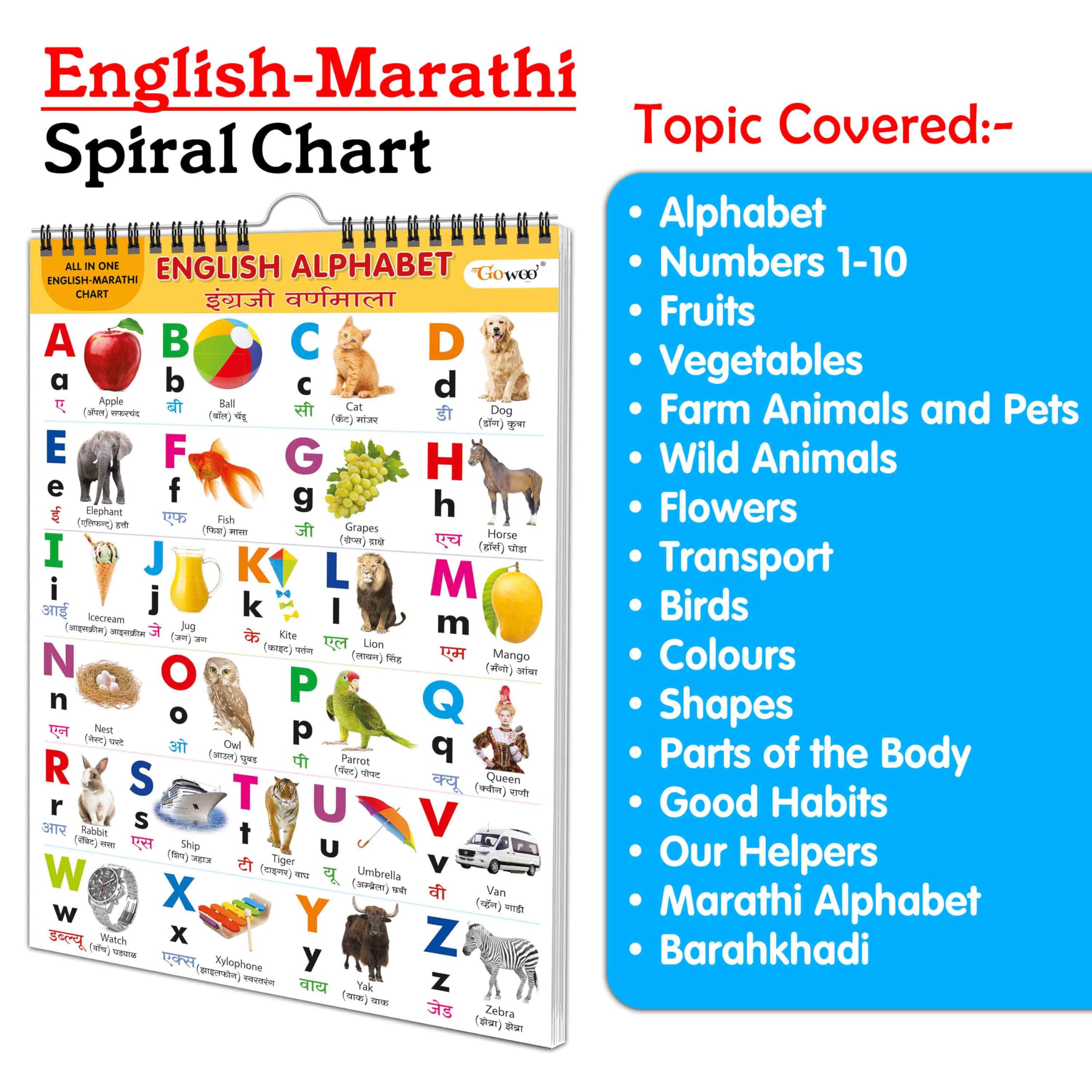 My First ALL IN ONE SPIRAL CHART ENGLISHMARATHI : Chart For Children, Learning Chart For Kids, Early learning Chart With 16 Top