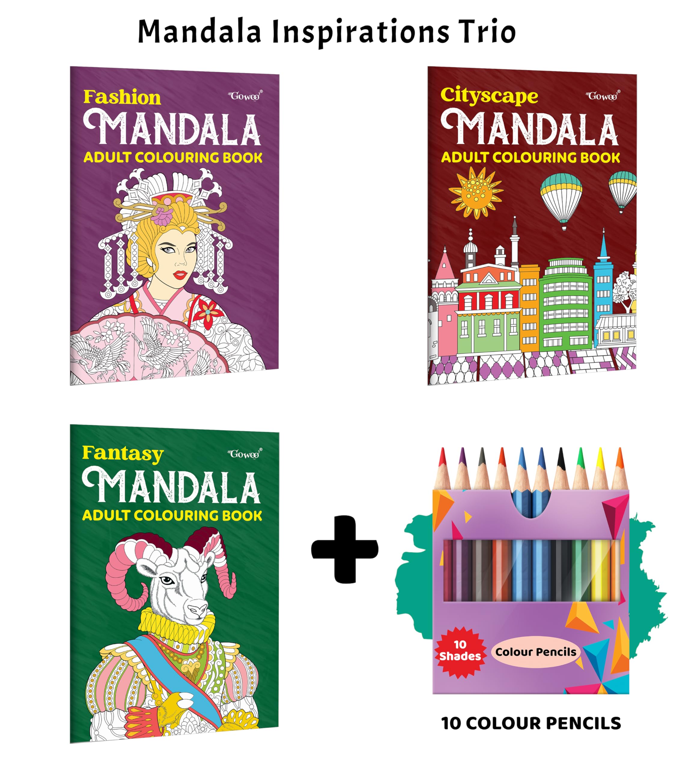 Cityscape, Fantasy, Fashion  Mandala Adult Colouring Book with 10 COLOUR PENCILS : art pattern colouring collection, fantasy c