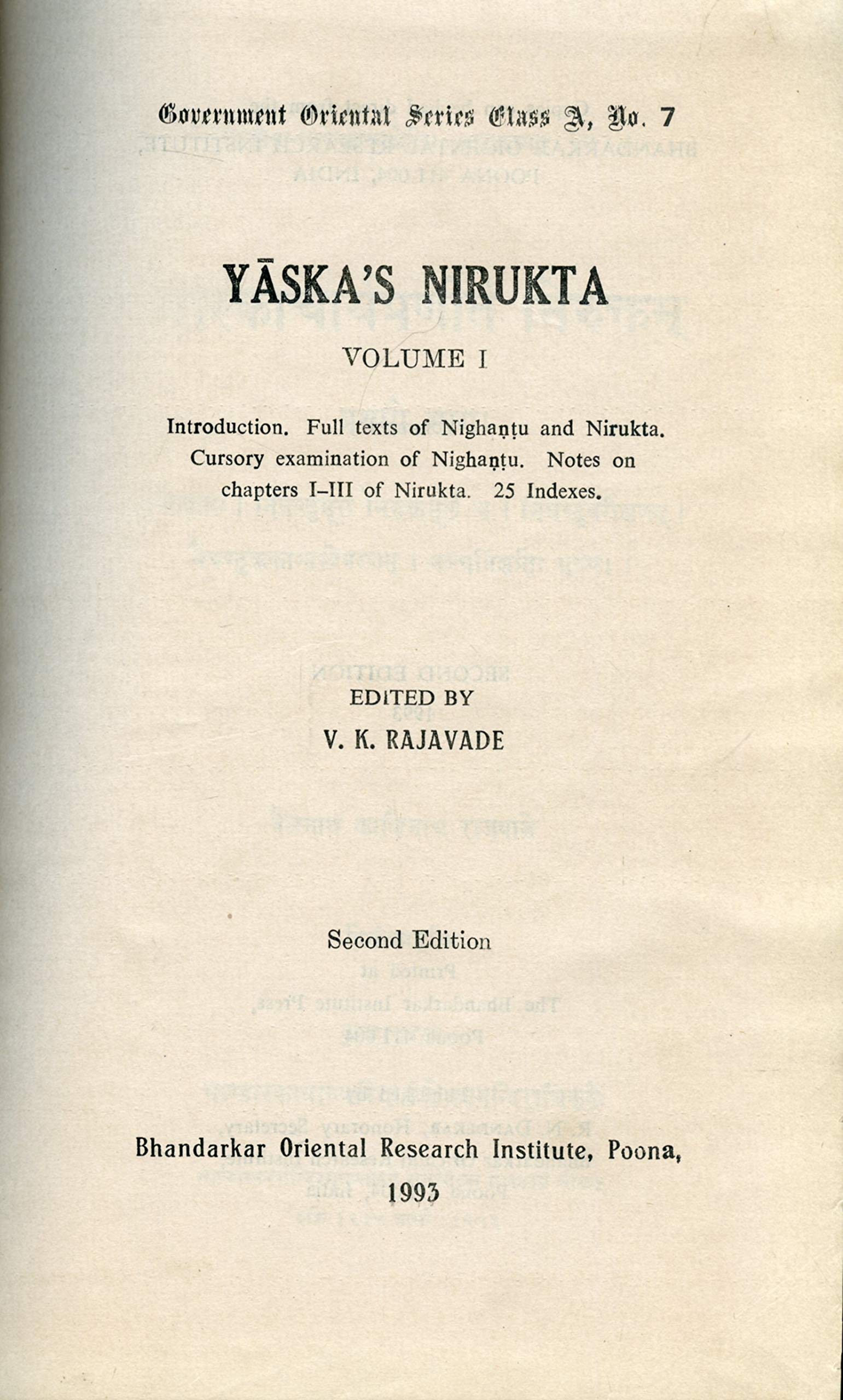 Yaskas Nirukta Volume I