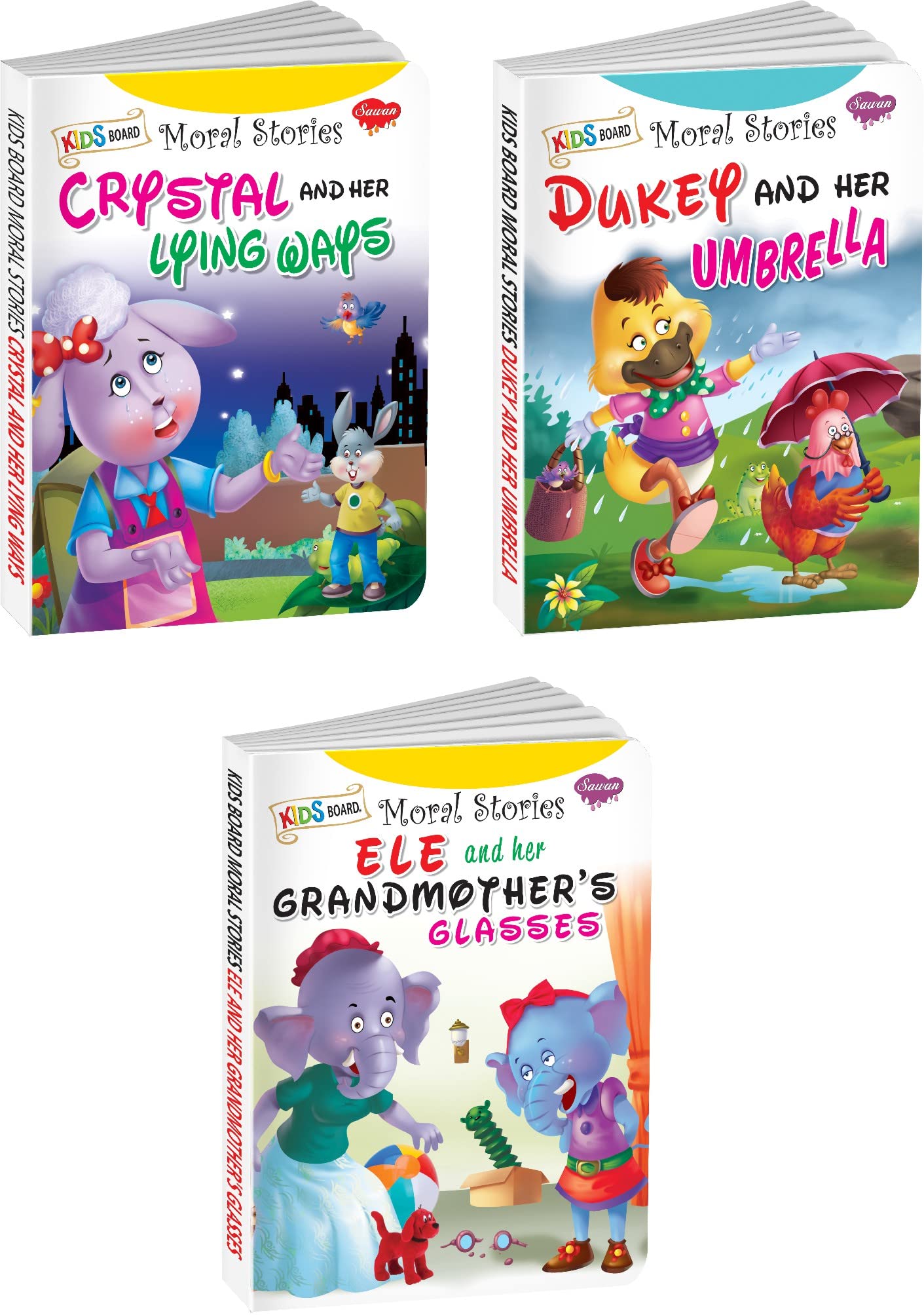 Sawan Set Of 3 Books Kids Board Moral Stories (Crystal And Her Lying Ways, Dukey And Her Umbrella, Ele And Her GranmotherS Gla