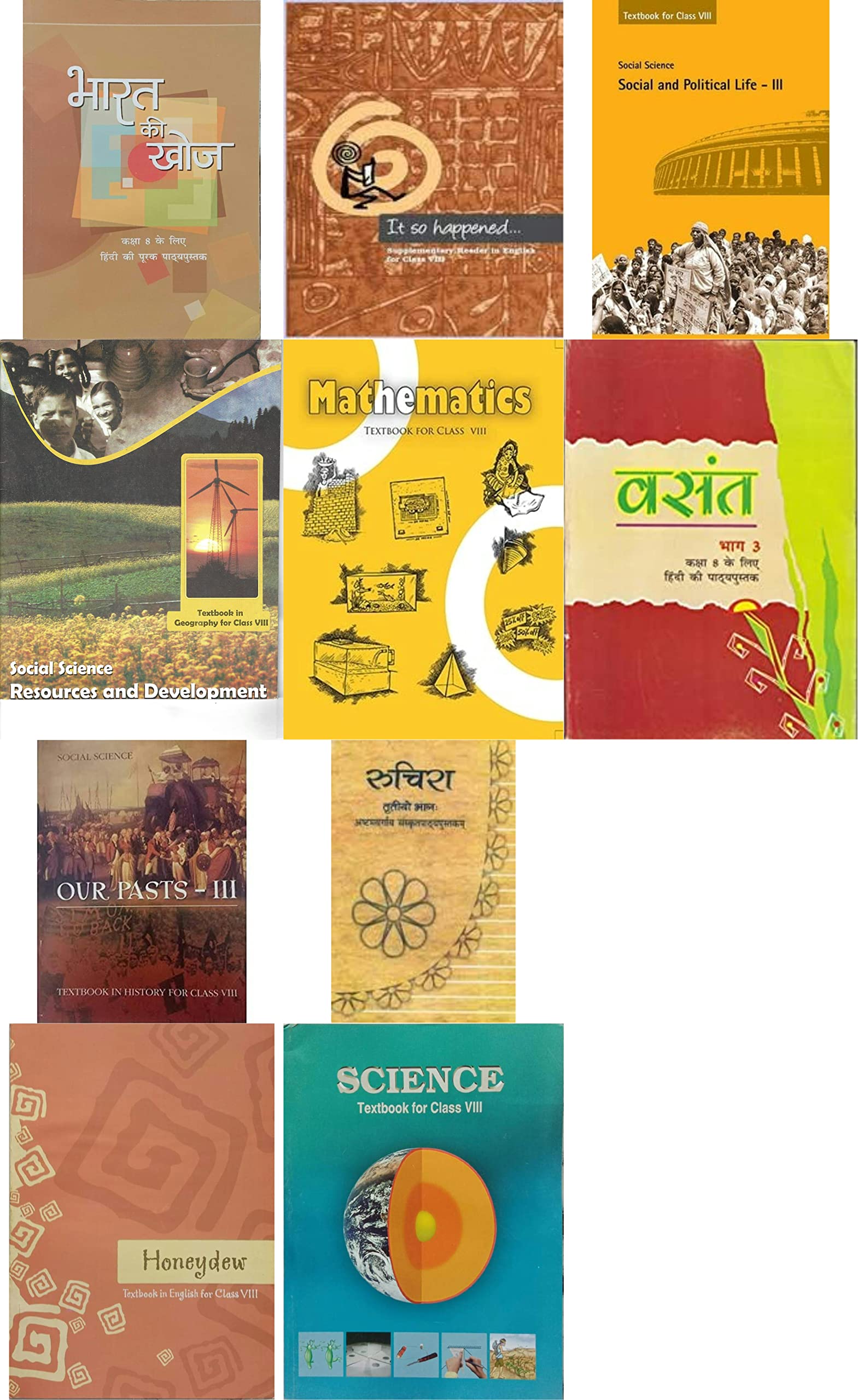 Kendriya Vidyalaya School Ncert Book Set Class  8 ( Vasant , Bharat Ki Khoj , Honey Dew , ItS So Happened , Maths , Science ,