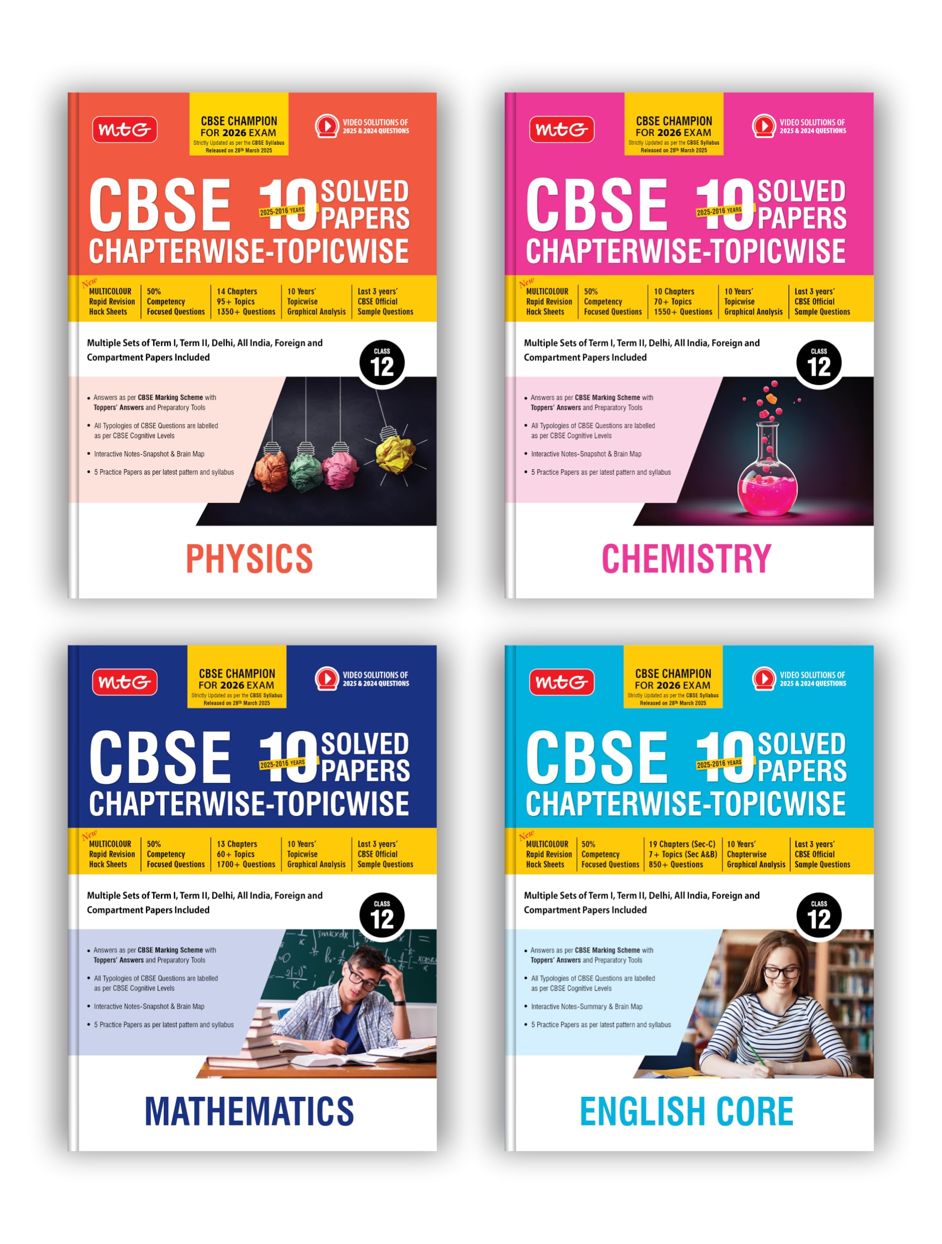 Mtg Cbse 10 Years (20252016) Chapterwise Topicwise Solved Papers Class 12 Physics, Chemistry, Mathematics & English (Set Of 4 B