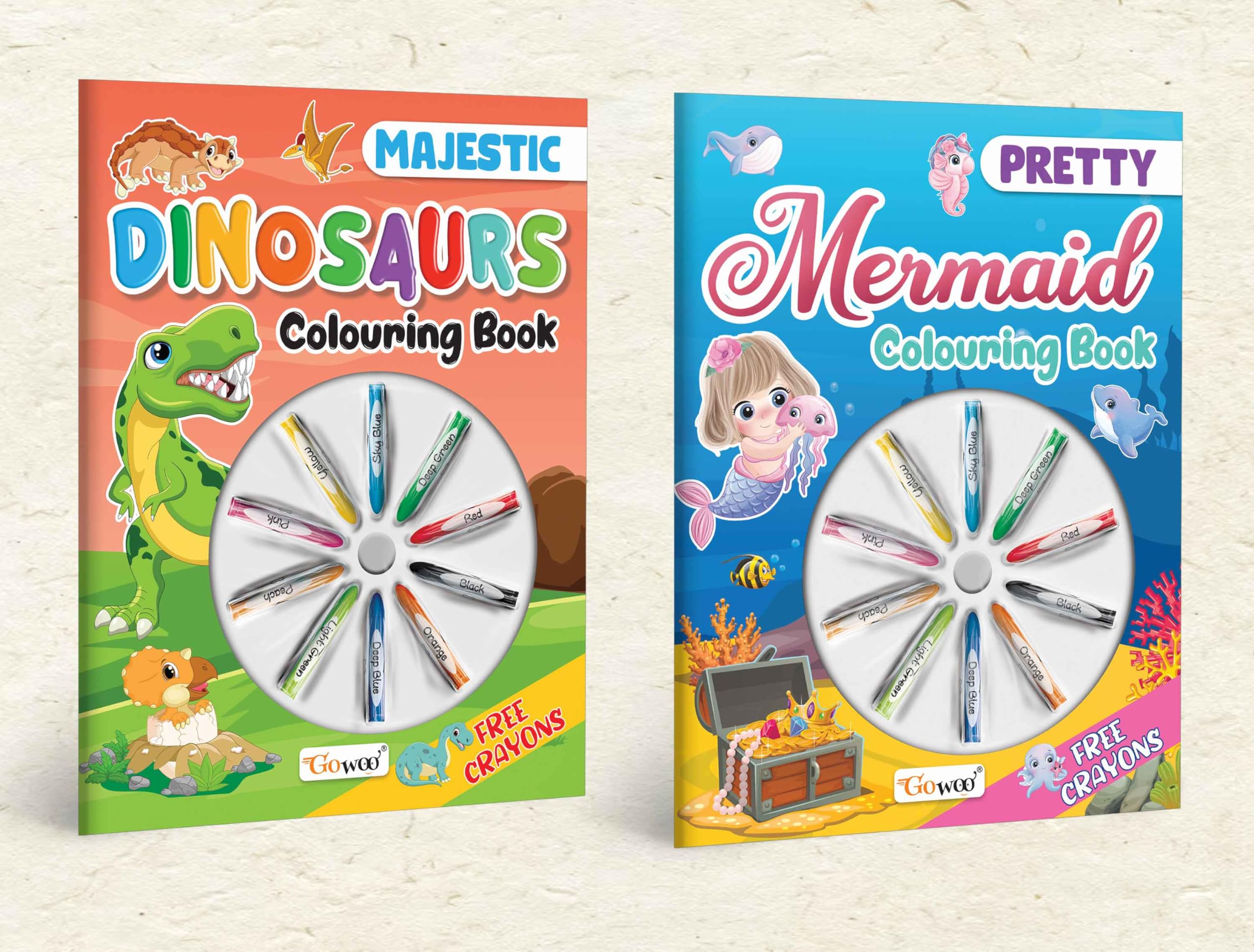 Pretty Mermaid Colouring Book & Majestic Dinosaur Colouring Book With Crayons |Combo of 2 | Mermaid Dreams and Dino Wonders Colo