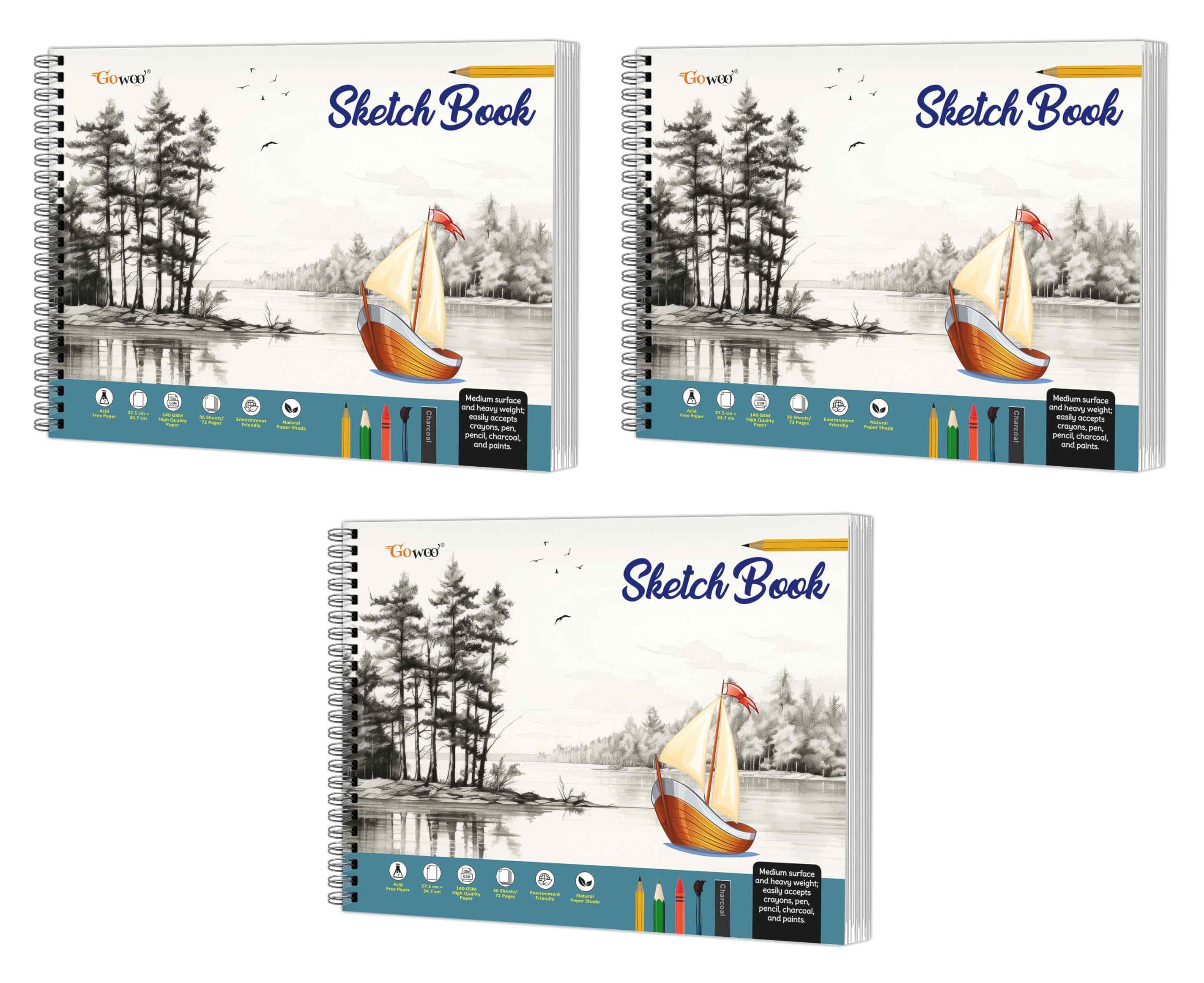 Big Size Pemium Sketch Book : Sketch book for drawing and painting, 140 GSM Acid free thick paper, (27.5 x 34.7 cm), 36 Sheets S