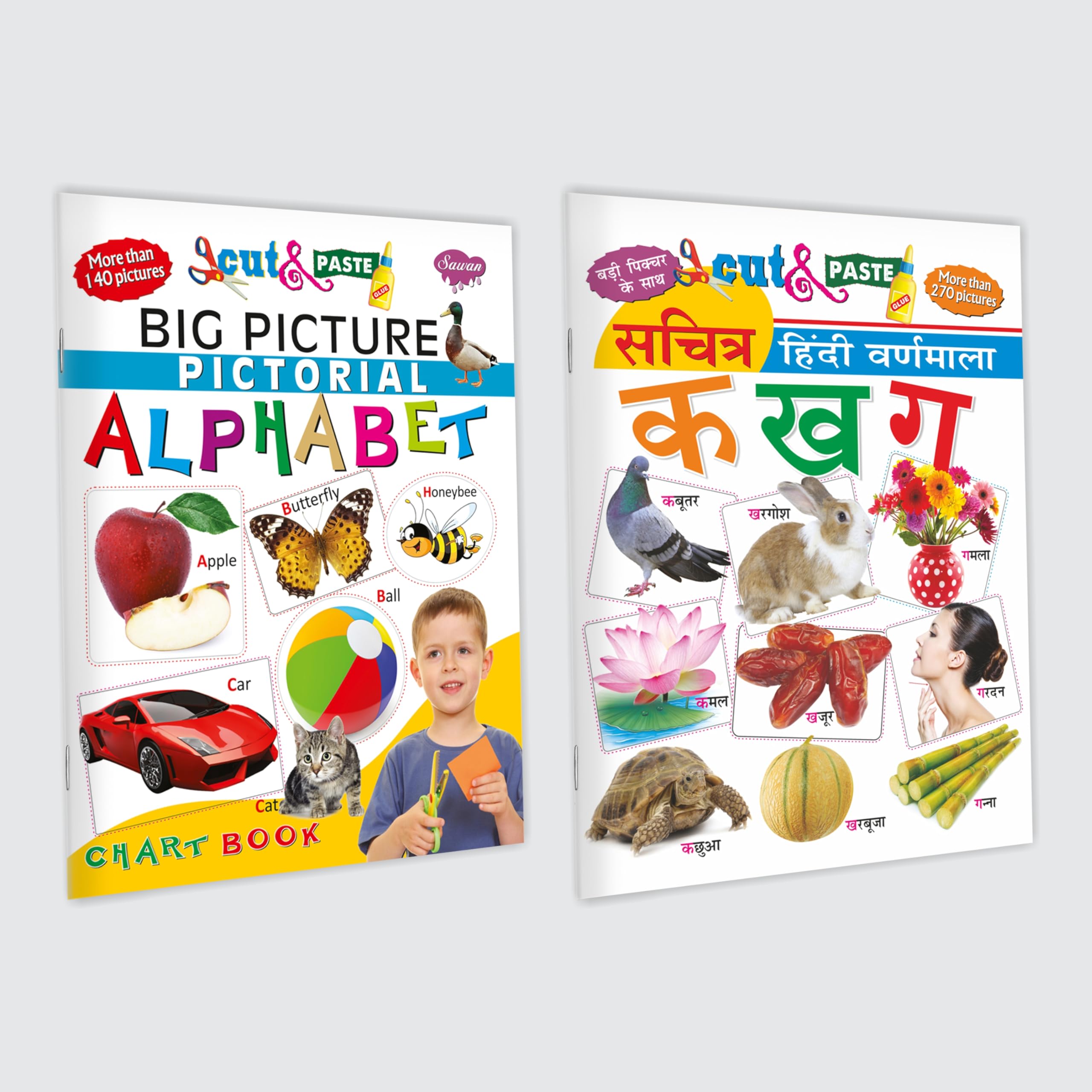 Cut And Paste Big Picture Pictorial Alphabet And Sachitra Hindi Varanmala Ka Kha Ga | Pack Of 2 Books [Paperback] Sawan; Manoj P