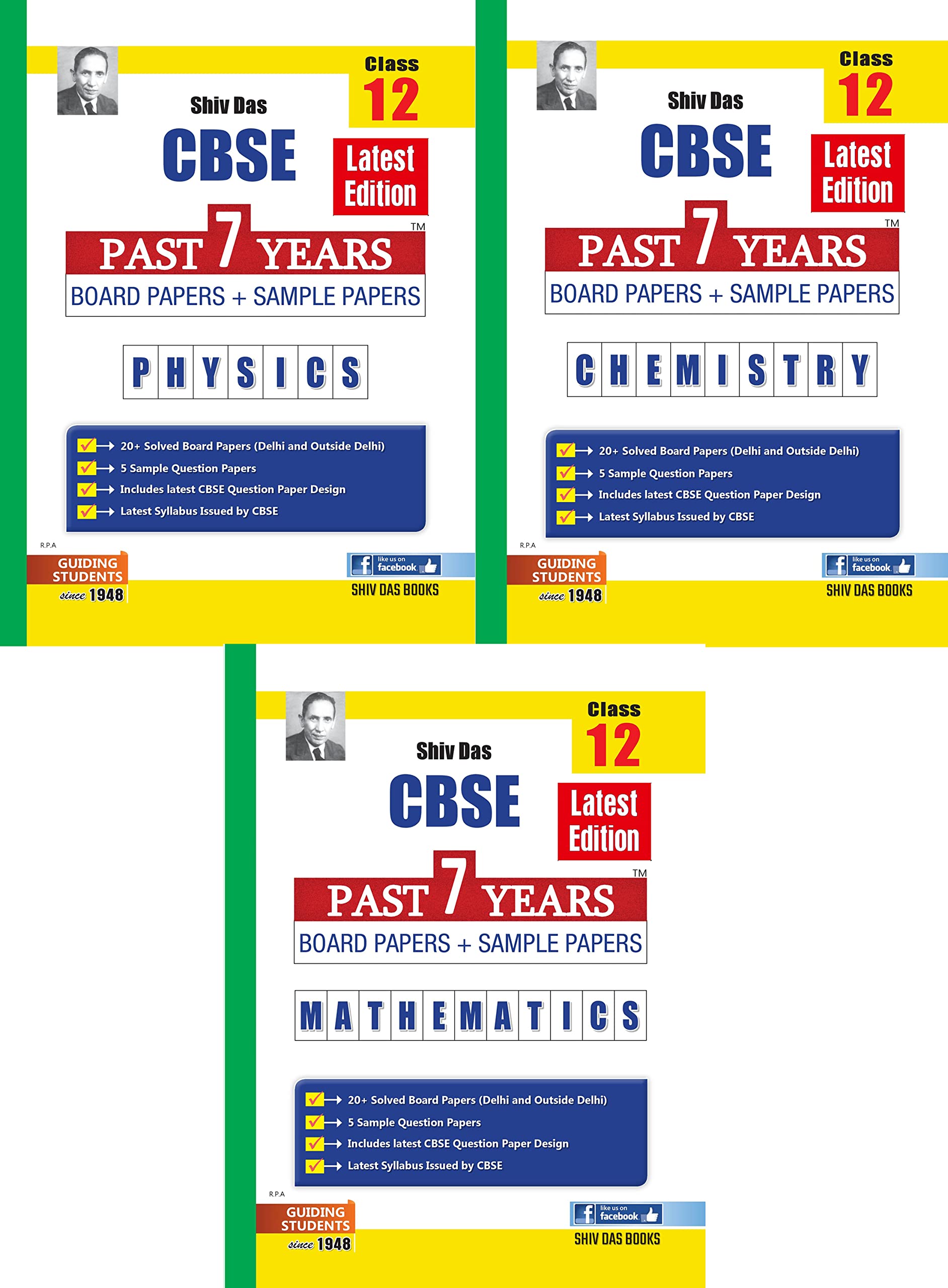 Shivdas CBSE Past 7 Years Boards Papers and Sample Papers for Class 12 Science Stream Pack of 3 Physics Chemistry Mathematics (F