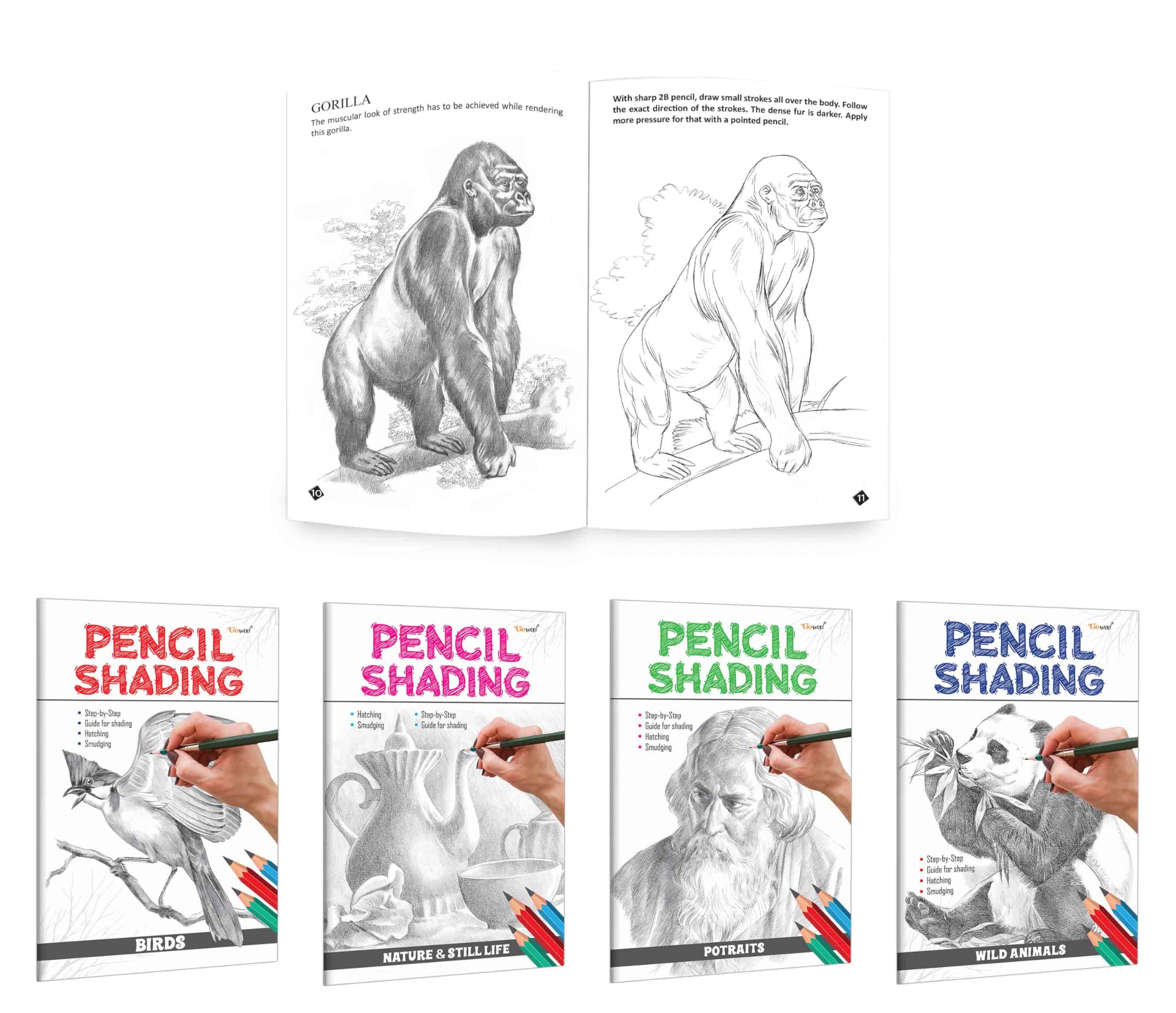 Pencil Shading  Birds, Wild Animals, Nature & Still Life and Portraits : Pencil Shading book for Children, shading book for ear