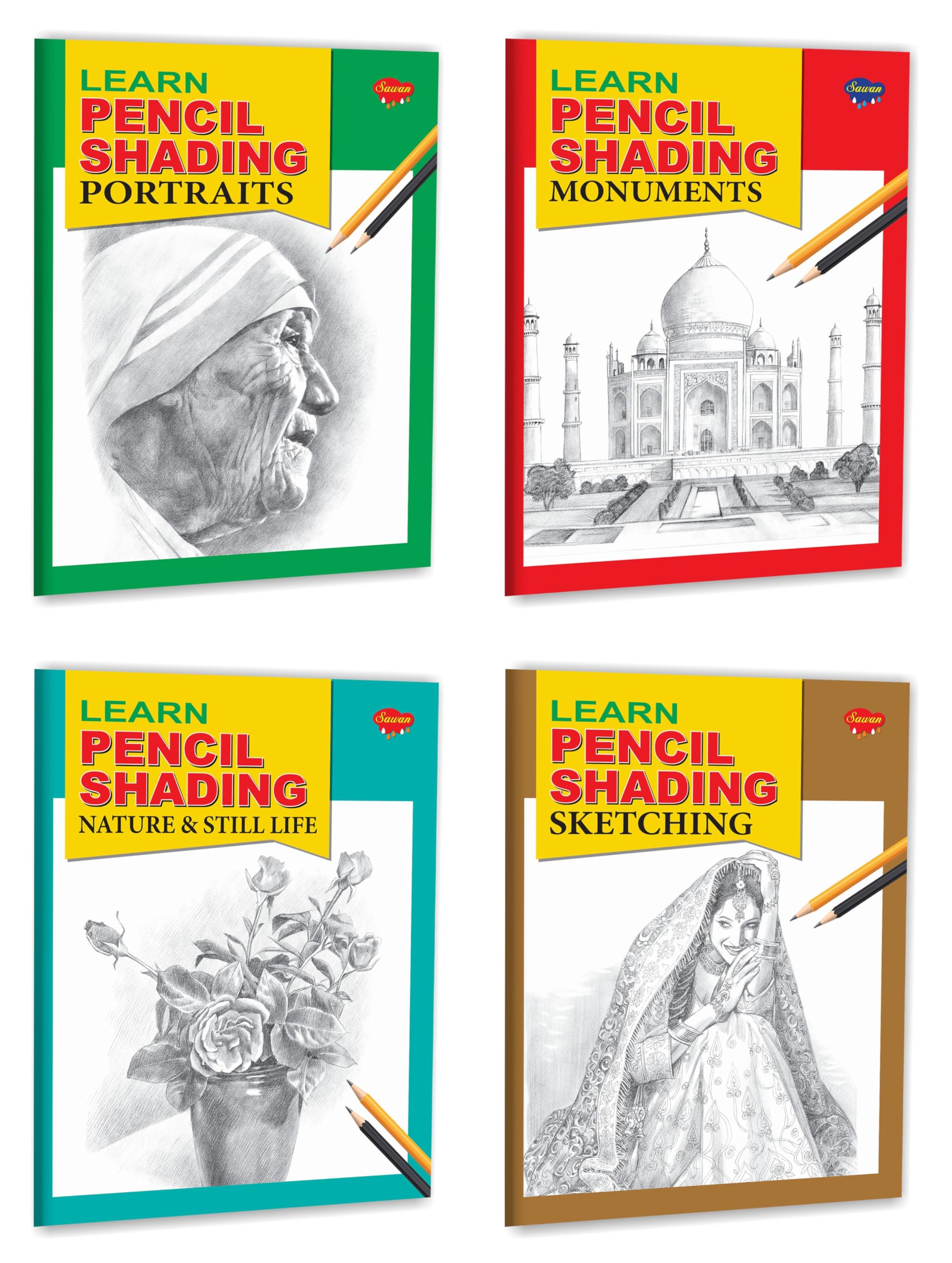 Manoj Publications Set Of 4 Pencil Shading Books (Learn Pencil Shading Portraits, Monuments, Nature And Still Life, Sketching)