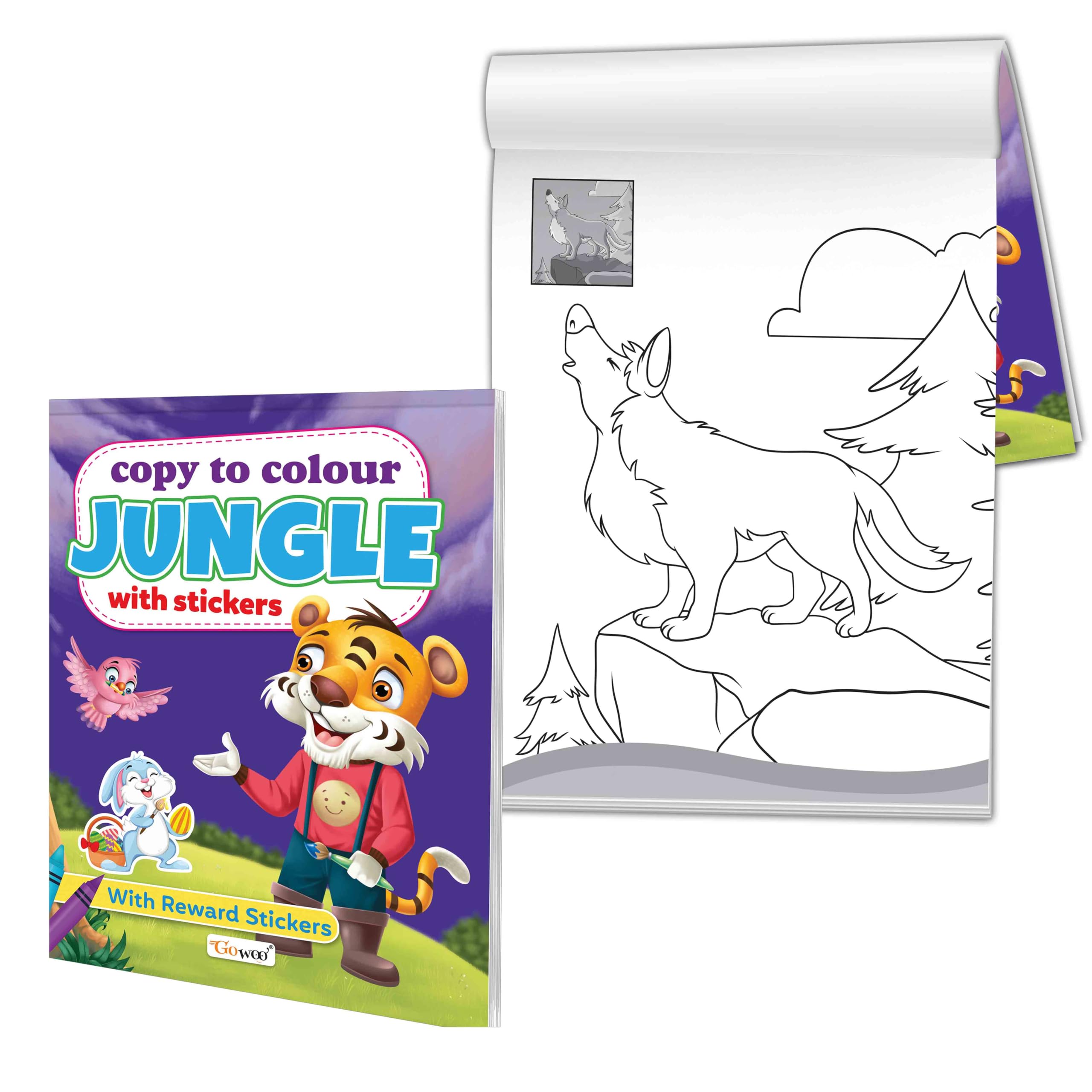 Copy to Colour Jungle with Stickers : exciting animals stickers, engaging wildlife sticker and colouring book for children, cut