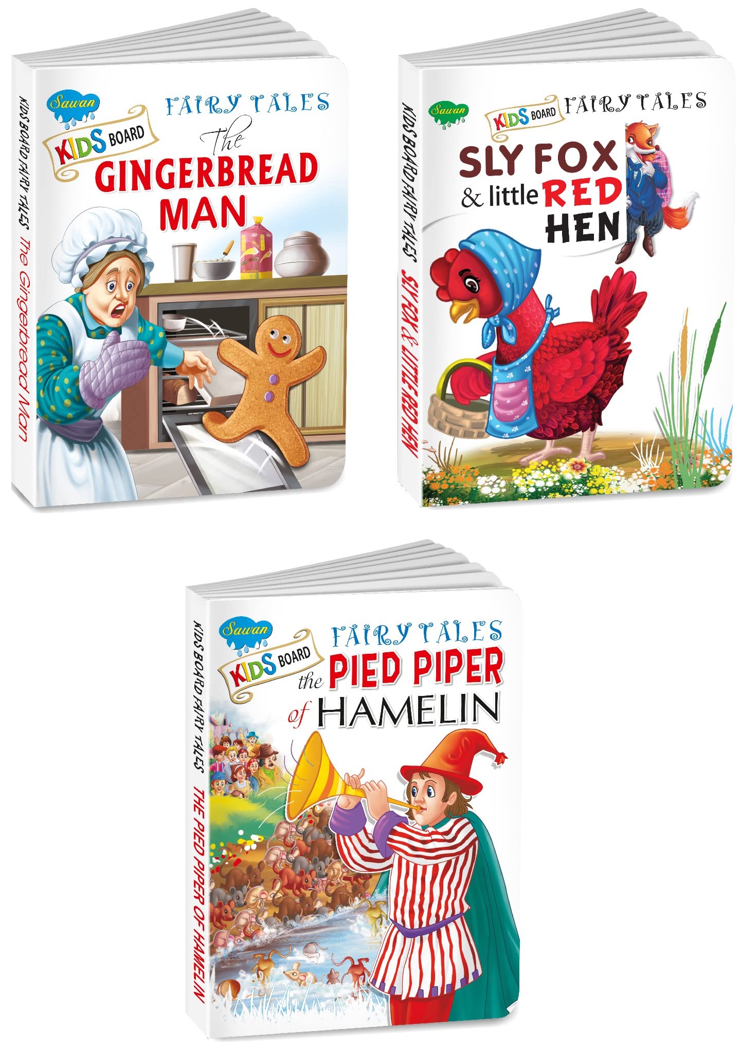 Sawan Set Of 3 Books, Kids Board Fairy Tales (The Gingerbread Man, Sly Fox And Little Red Hen, The Pied Piper Of Hamelin)