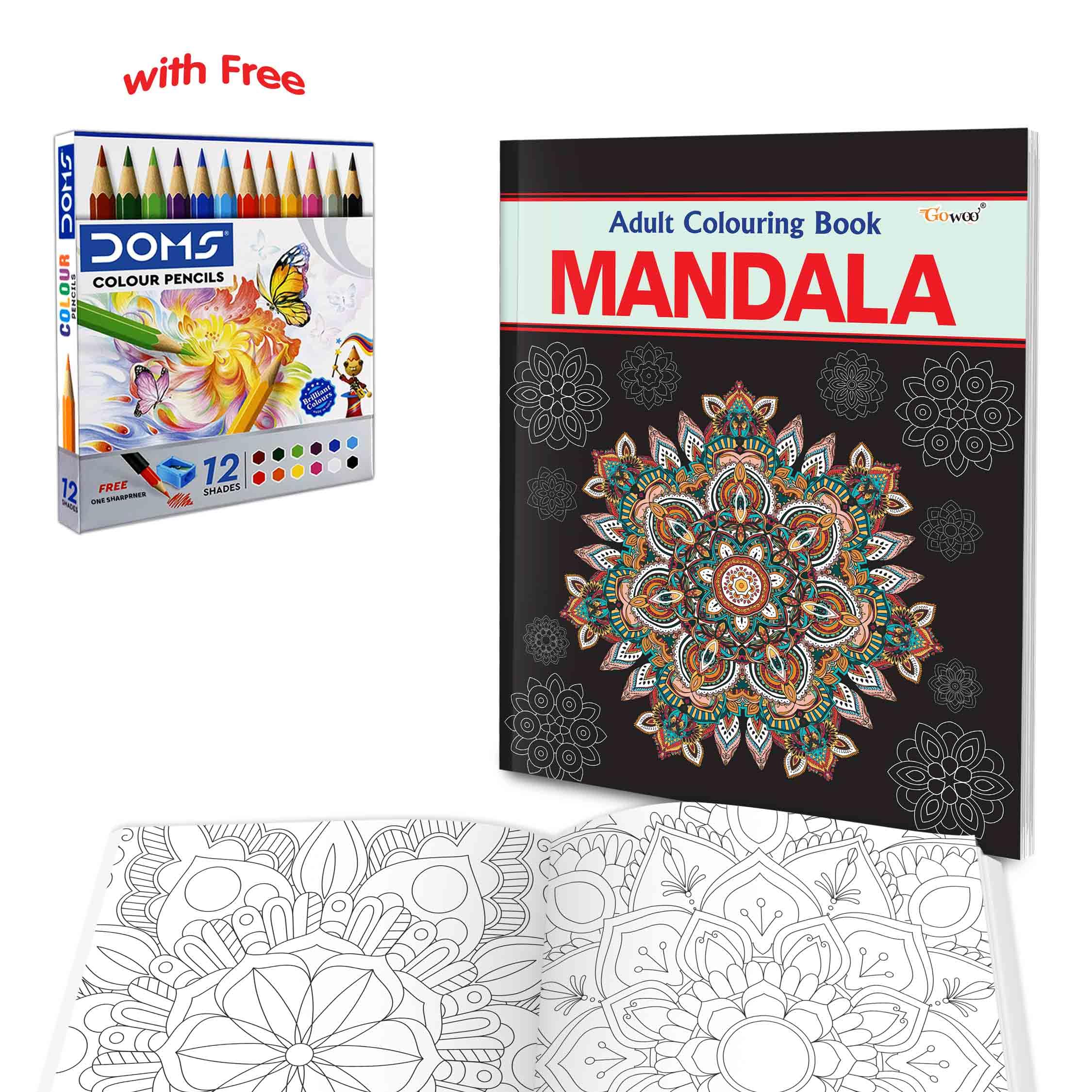 Mandala  Adult Colouring Book with 12 Colour Pencils + 1 Sharpner : calming colouring book for adults, stress relief colouring 