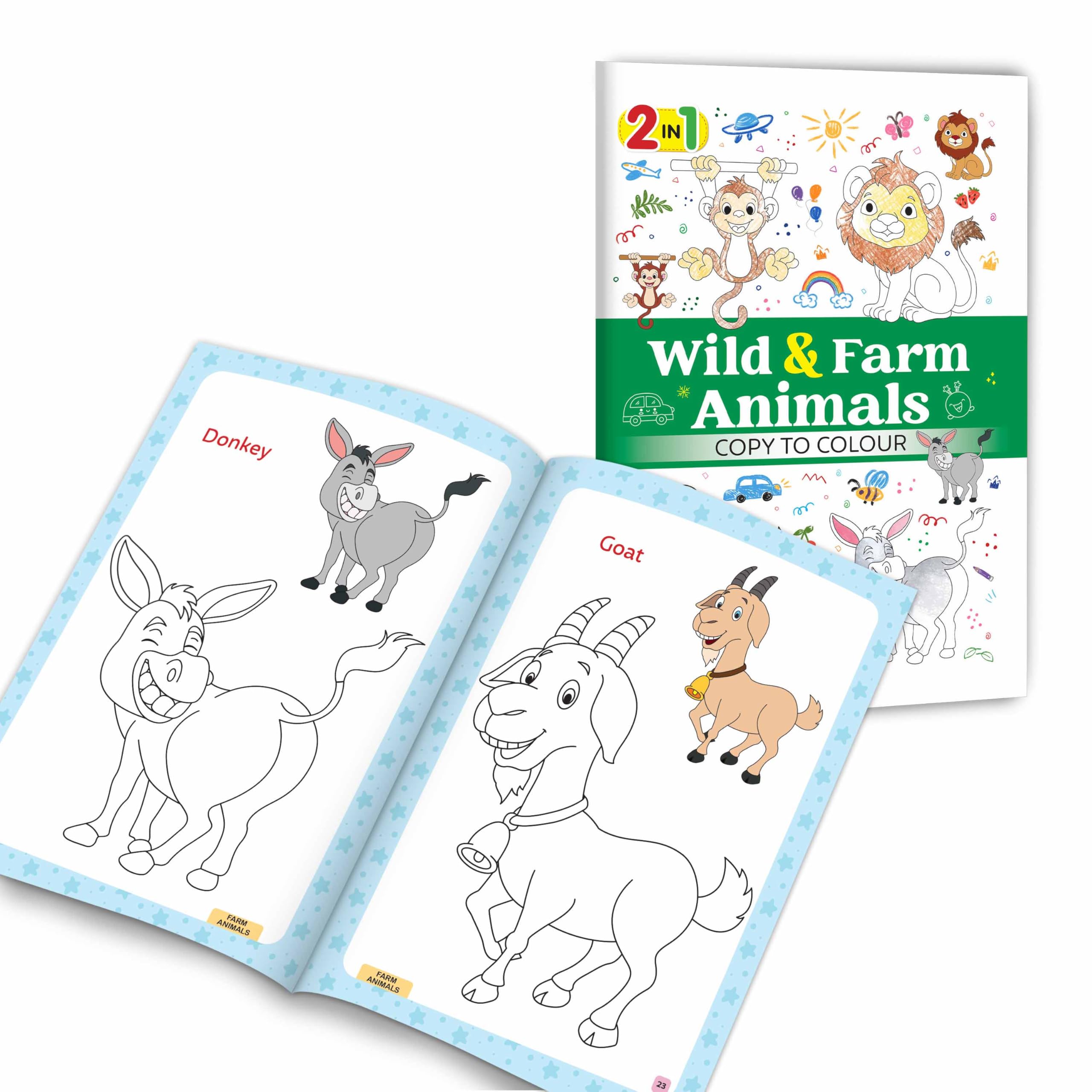 2 in 1 Wild & Farm Animals Copy to Colour : Vibrant Animal Colouring Pages, Exciting Jungle Colouring Book, Educational Animal