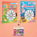 Pretty Mermaid Colouring Book , Majestic Dinosaur Colouring Book With Crayons & 12 WATER COLOUR SKETCH PEN | Combo of 2 |Creativ