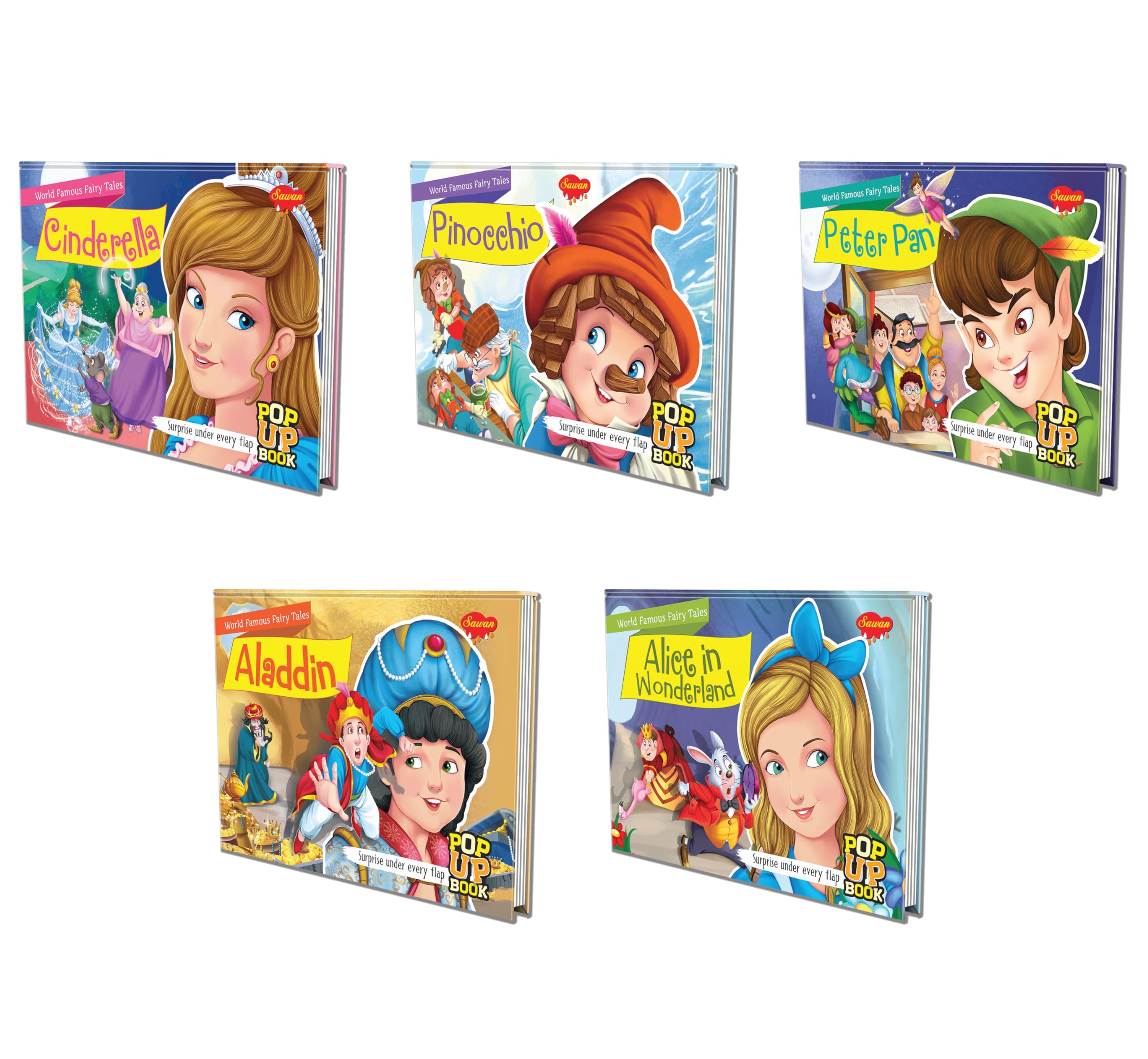 Set Of 5 Pop Up Books World Famous Fairy Tales | Aladdin , Alice In Wonderland , Cinderella , Peter Pan And Pinocchio | Amazing 