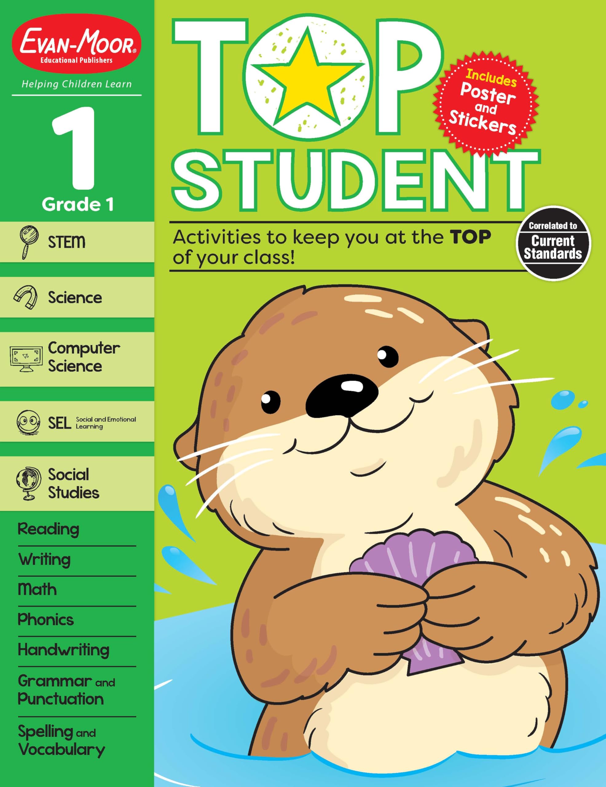 EvanMoor Top Student, Grade 1 Workbook, 352 pages, Stickers, Poster, Handwriting, Reading, Writing, Spelling, Vocabulary, Phoni