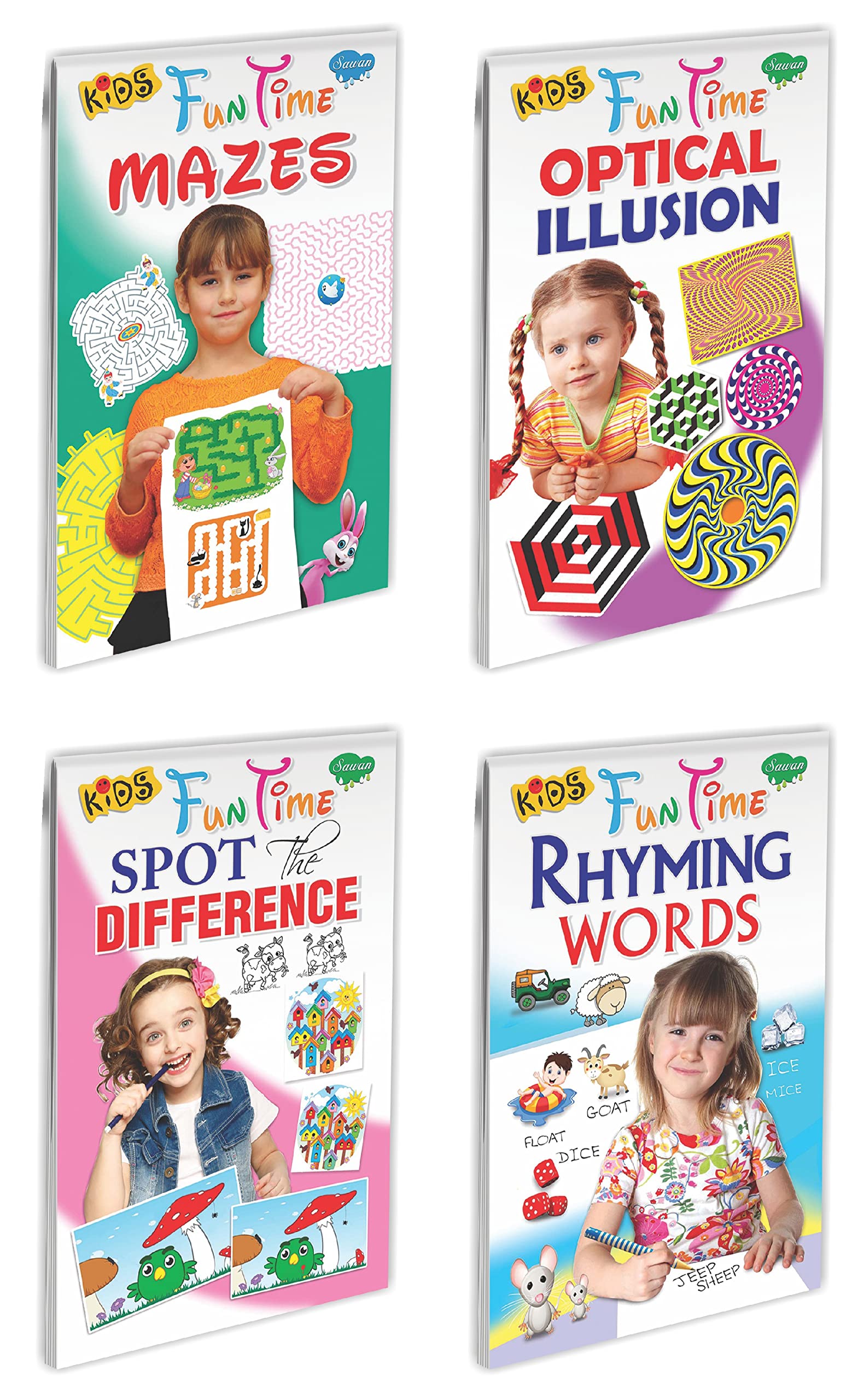 Set Of 4 Books, Kids Fun Time : Mazes, Optical Illusion, Spot The Difference And Rhyming Words