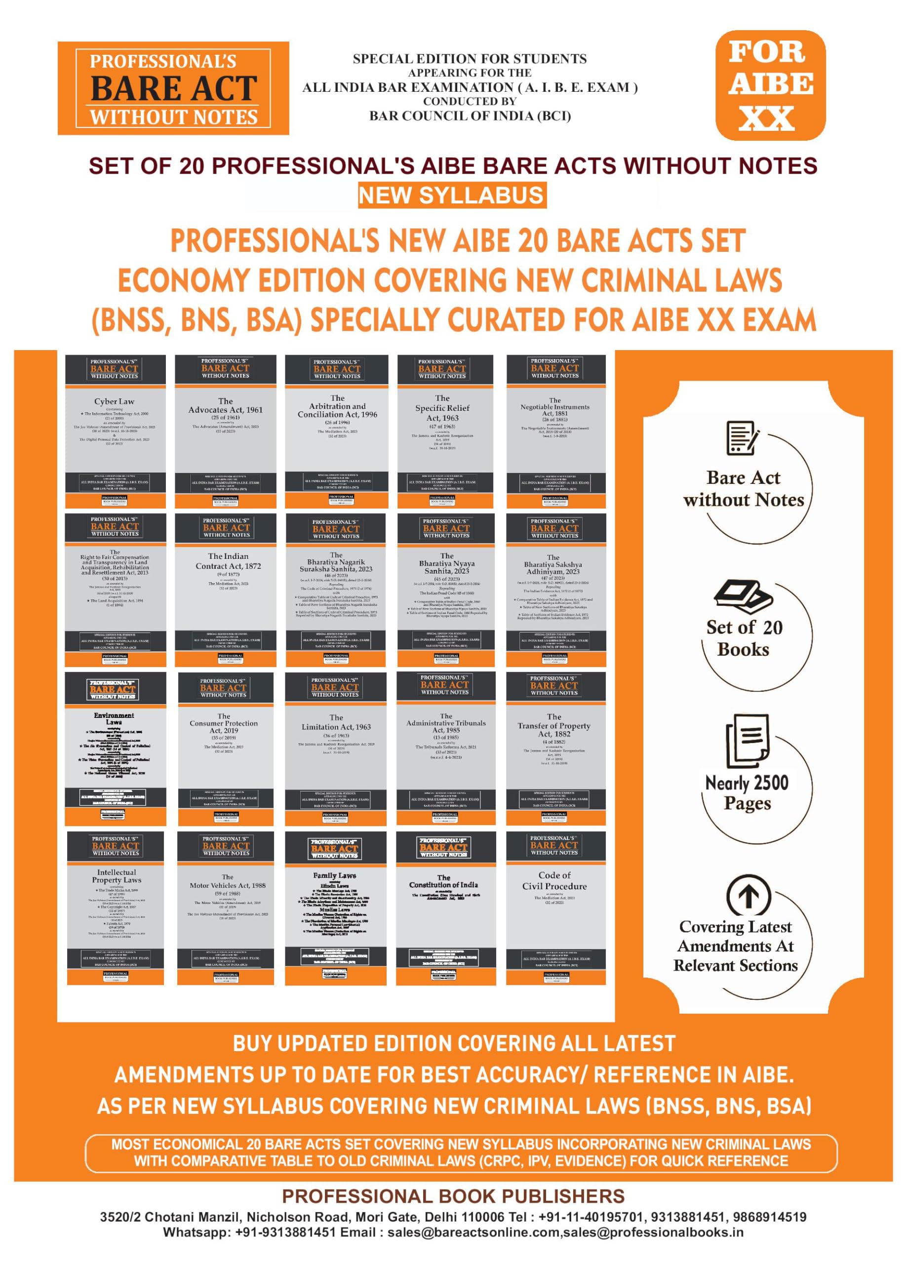 PROFESSIONALS NEW SYLLABUS ECONOMY EDITION Bare Acts without Notes for AIBE as per BCI Guidelines New & Updated Set of 20 Boo
