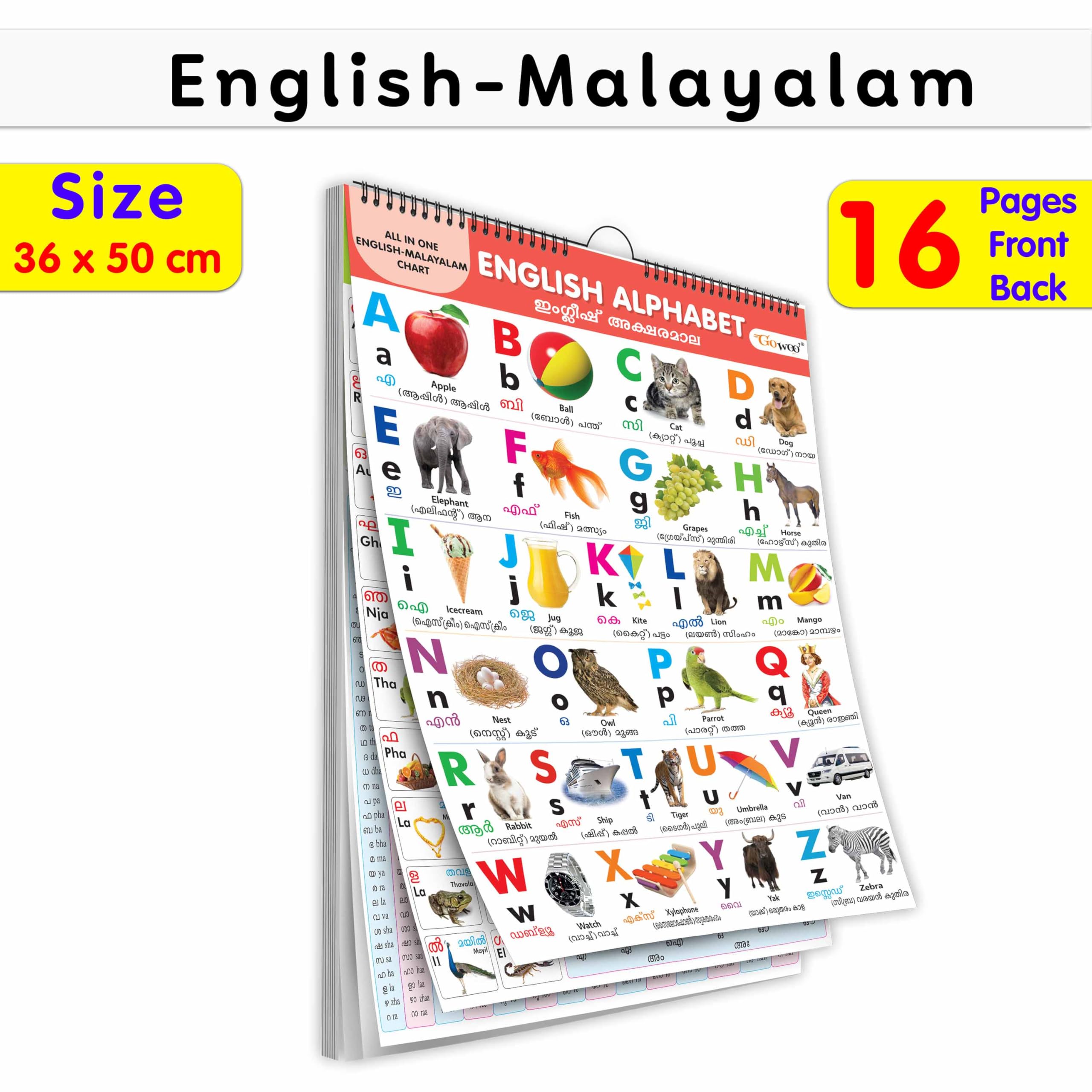 ENGLISHMALYALAM Chart For Kids (16 Charts ) 36 x 50 cm  Children Spiral Wall Picture Chart