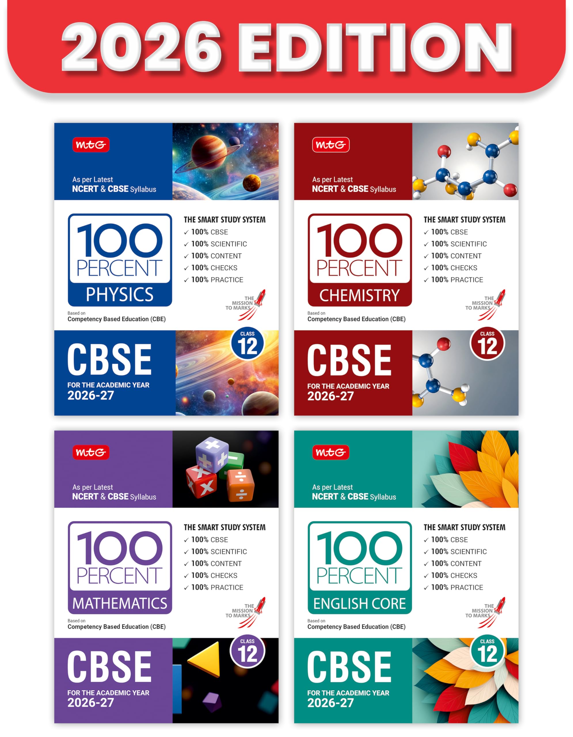 MTG 100 Percent NCERT & CBSE Physics, Chemistry, Mathematics, English Class 12 For 202627 Exam (Set of 4) | As Per Revised NCER
