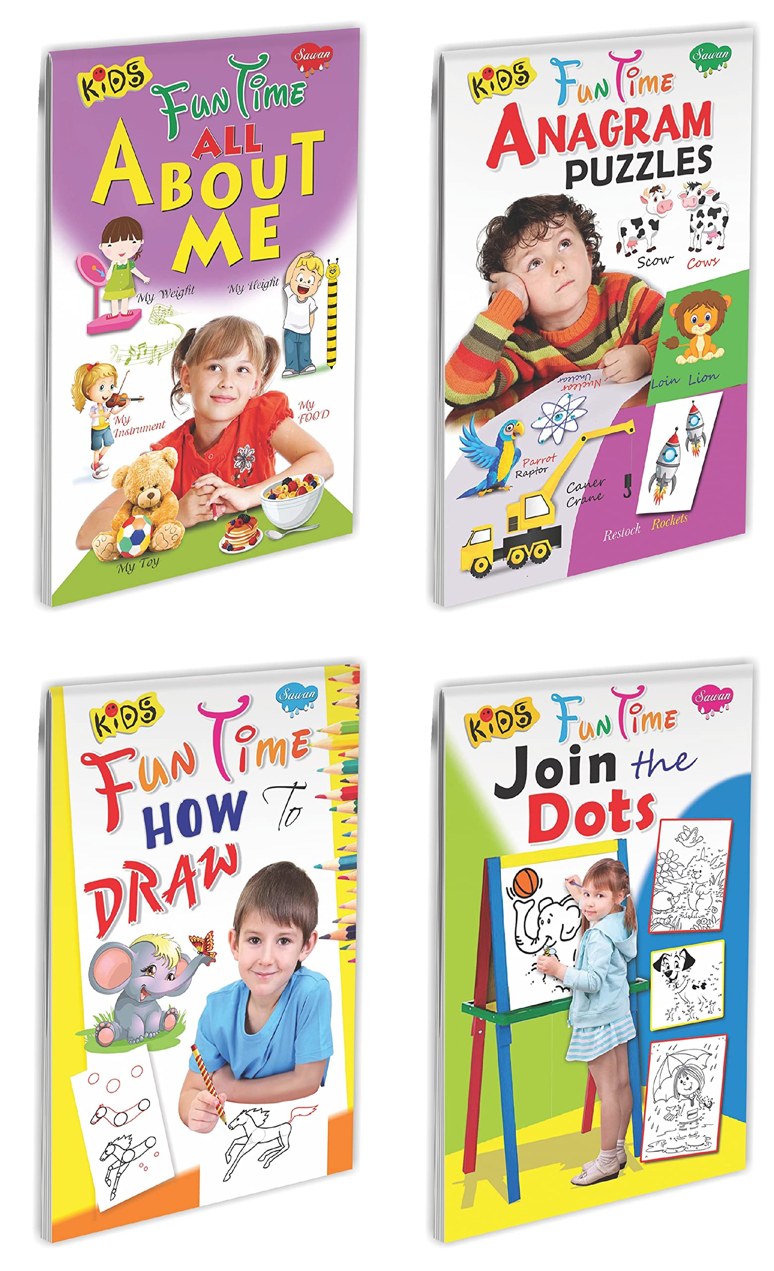 Set Of 4 Books, Kids Fun Time : All About Me, Anagram Puzzles, How To Draw And Join The Dots