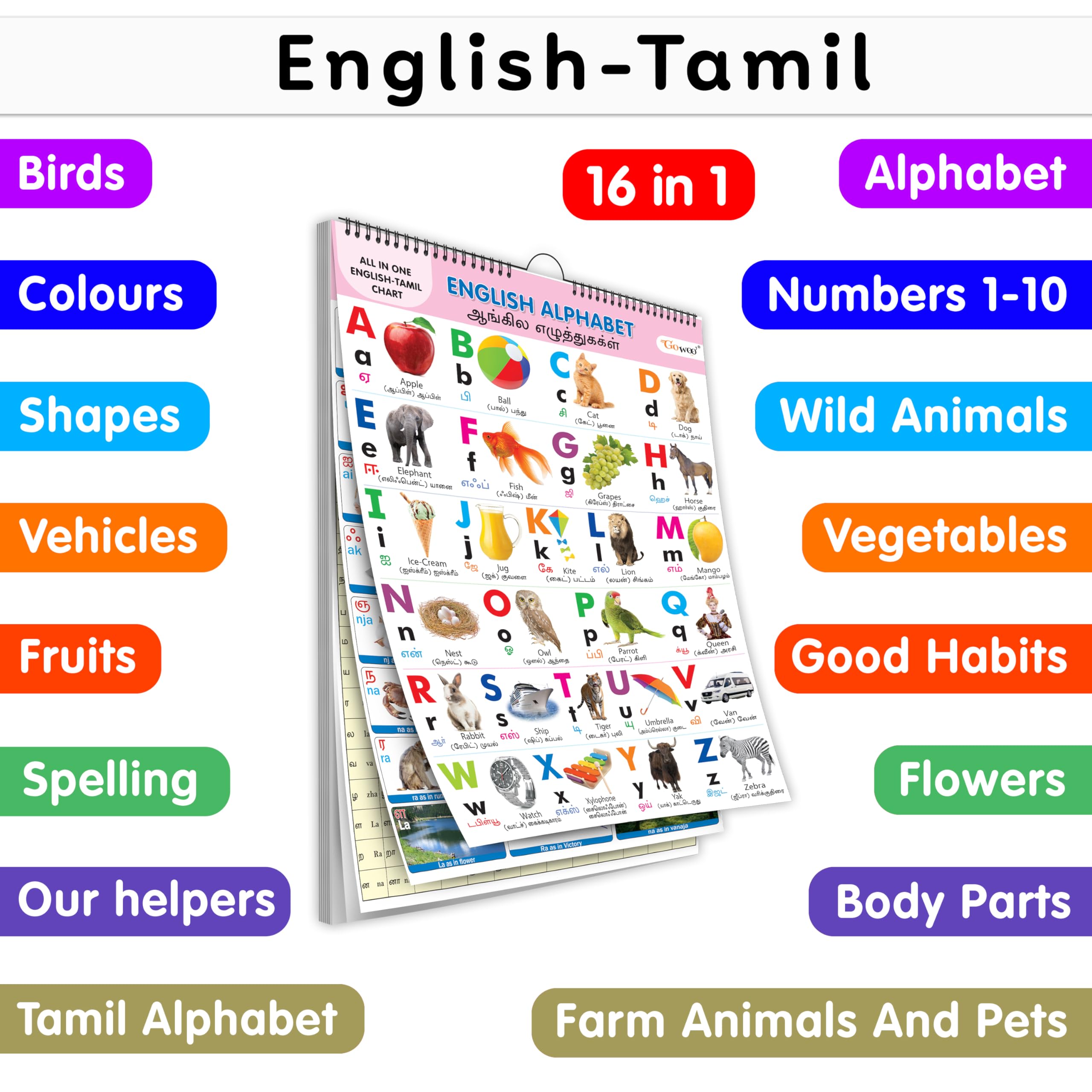 My First ALL IN ONE SPIRAL CHART ENGLISHTAMIL : With 16 Topics : ENGLISH ALPHABET, TAMIL ALPHABET, SPELLING, Number 110, COLOU