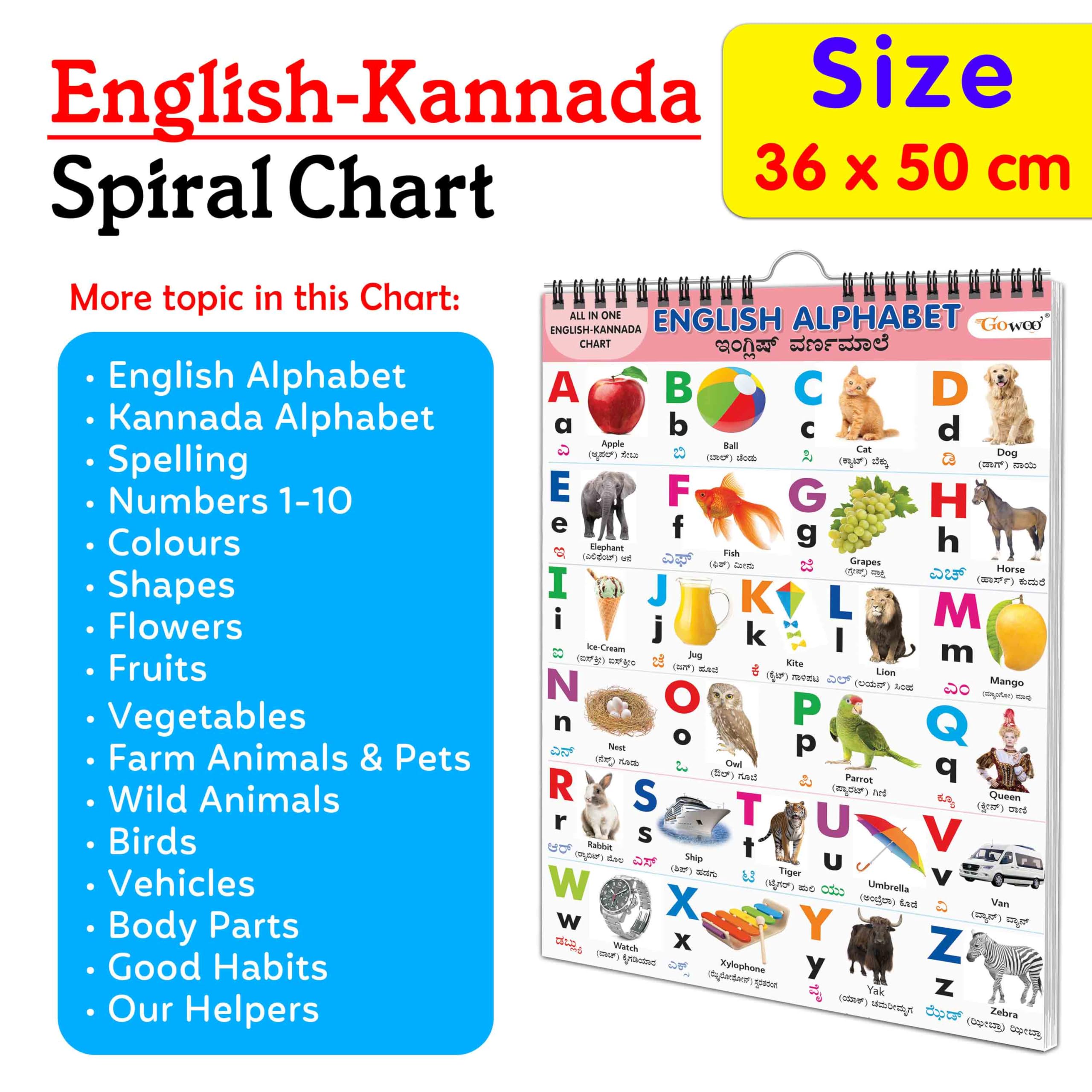 My First ALL IN ONE SPIRAL CHART ENGLISHKANNADA : Collection of early learning Chart, Preschool Kids Chart, 16 topics Learning 
