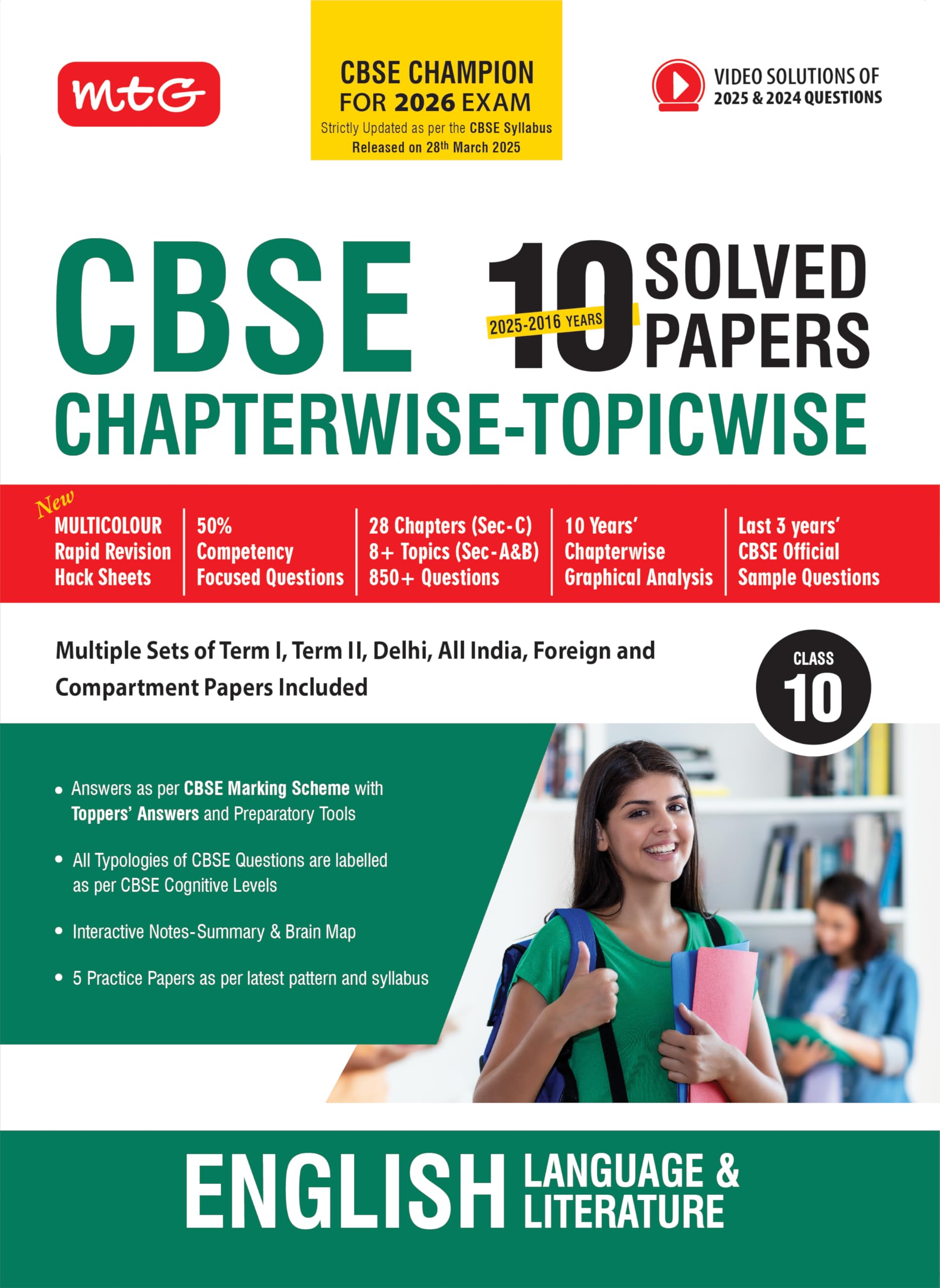 Mtg Cbse 10 Years (20252016) Chapterwise Topicwise Solved Papers Class 10 English Language & Literature  Cbse Champion For 202