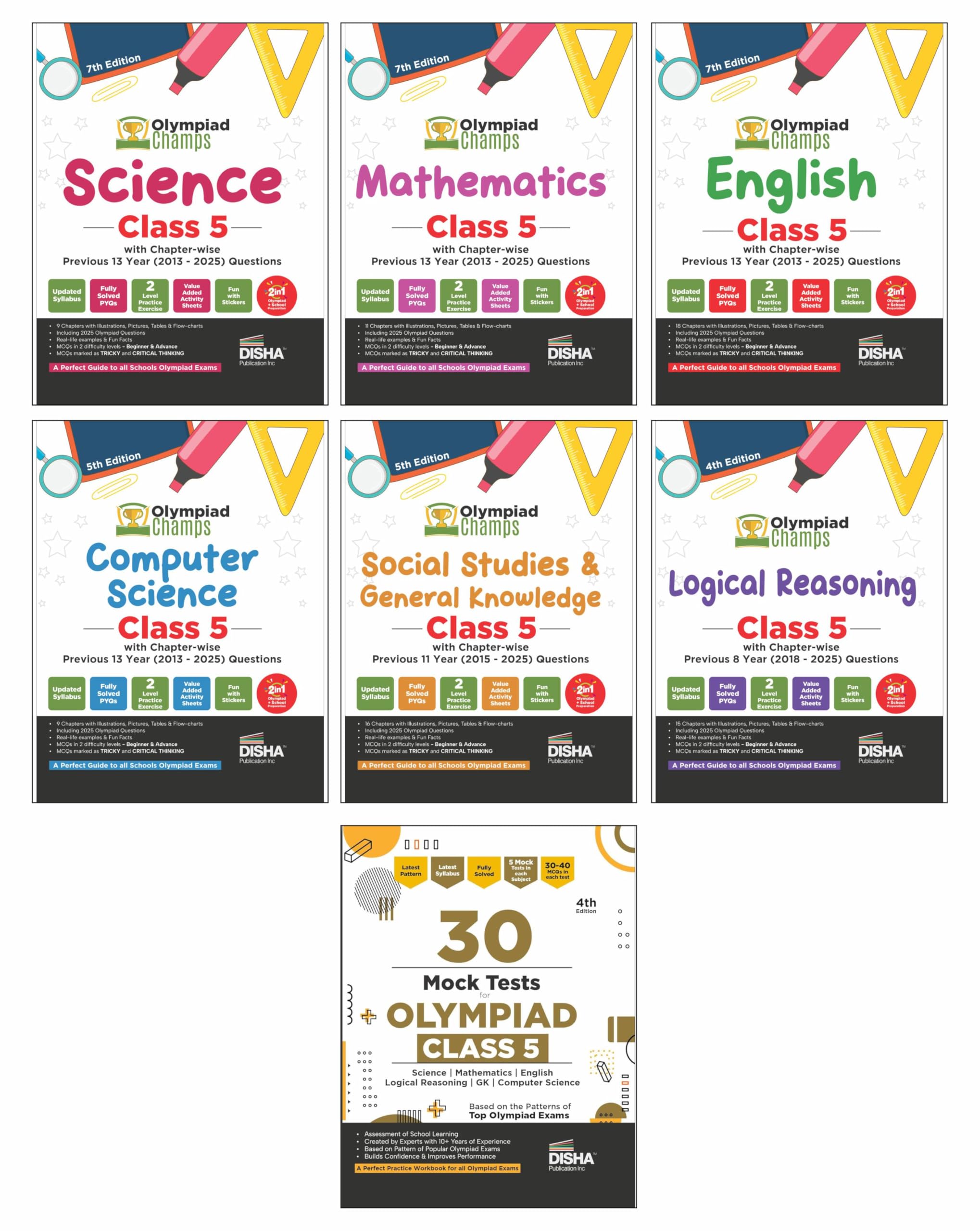 Disha Combo Class 5 (Set Of 7 Books) Olympiad Champs Science, Mathematics, English, Logical Reasoning, Computer Science (Cyber) 