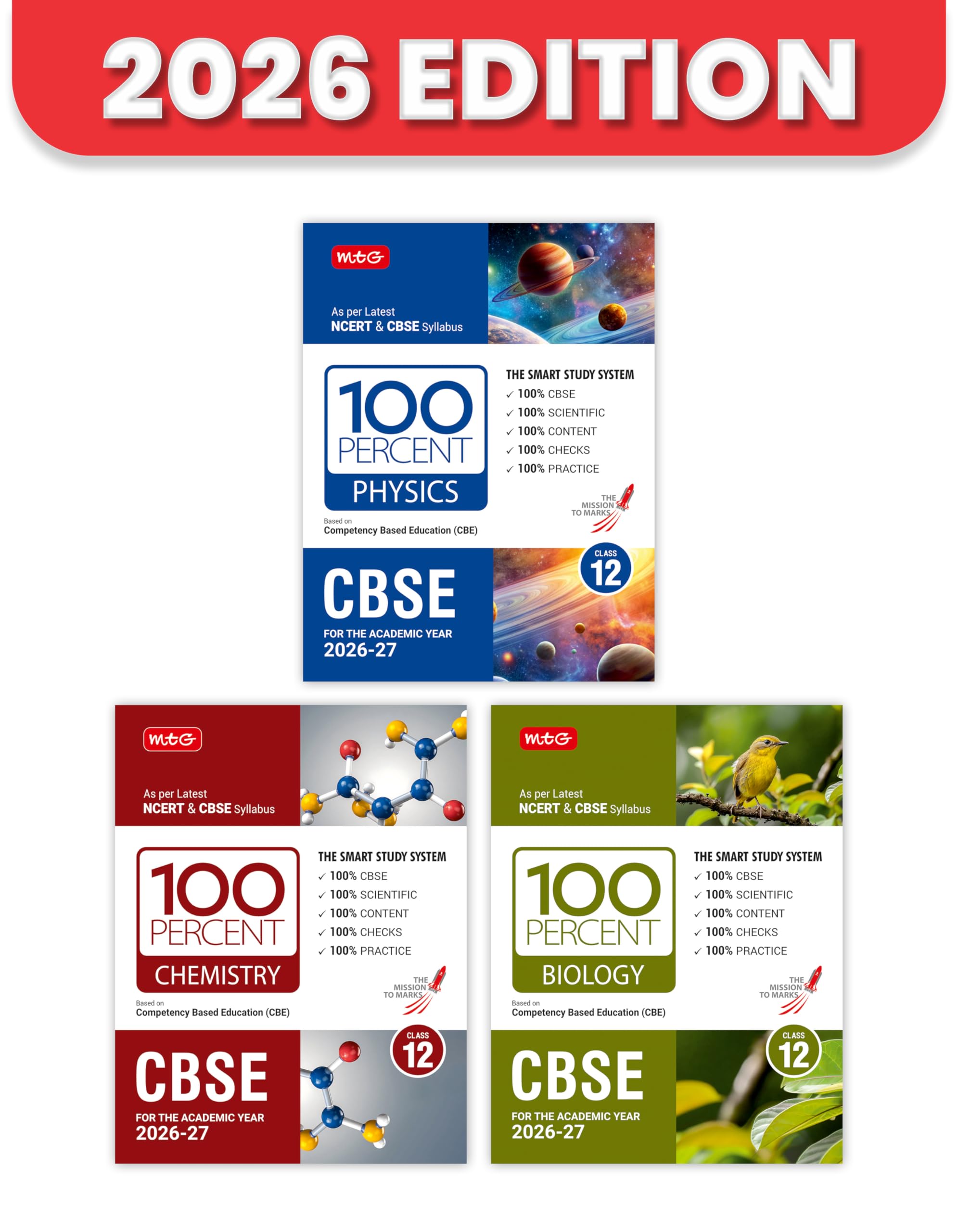 MTG 100 Percent NCERT & CBSE Physics, Chemistry, Biology Class 12 For 202627 Exam (Set of 3) | As Per Revised NCERT Textbooks S
