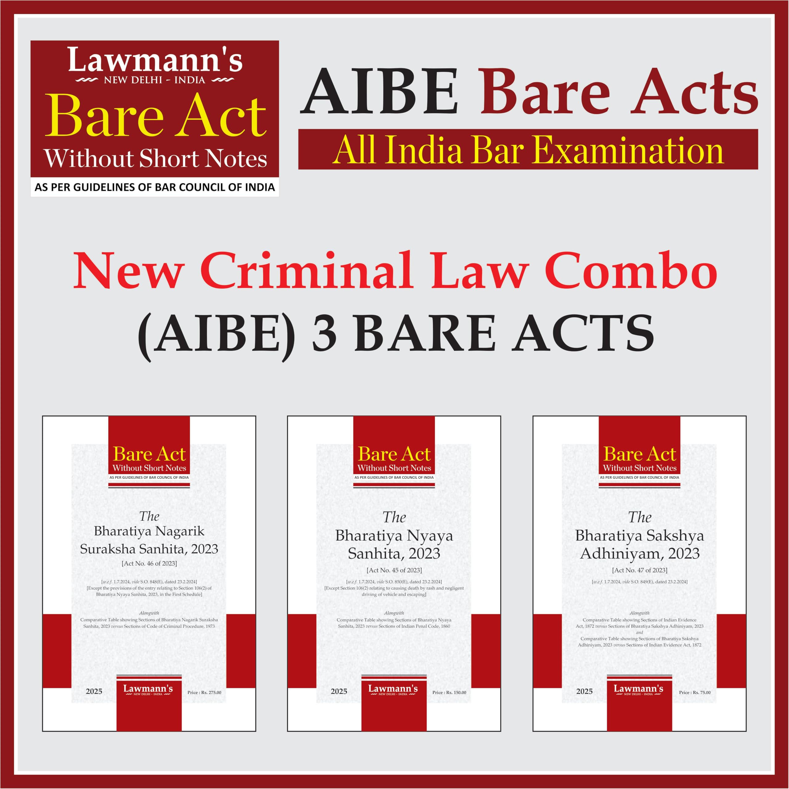 New Criminal Laws Combo | AIBE Bare Acts without Short Notes | 3 Books Set Combo | BNSS, BNS, BSA alongwith Comparative Table | 