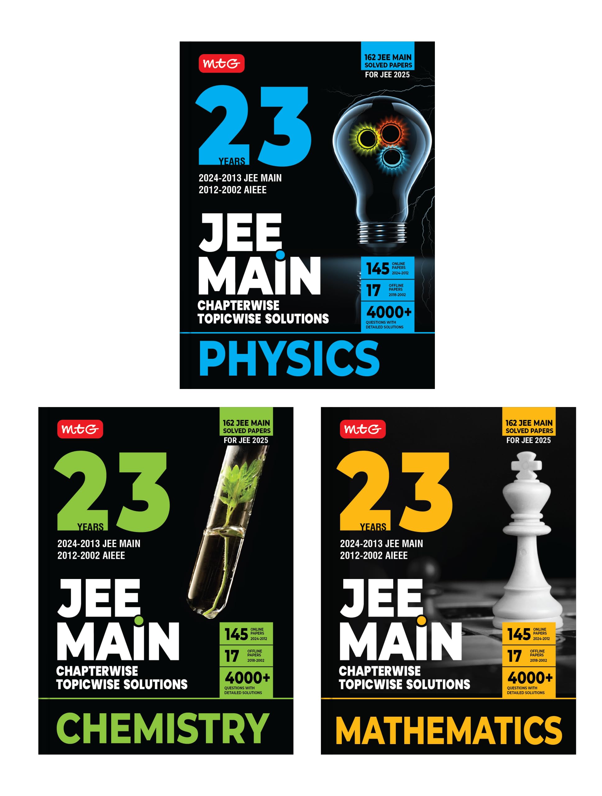 MTG 23 Years JEE MAIN Chapterwise (20242002) Previous Years Solved Question Papers (PYQs) Physics, Chemistry & Mathematics (Set