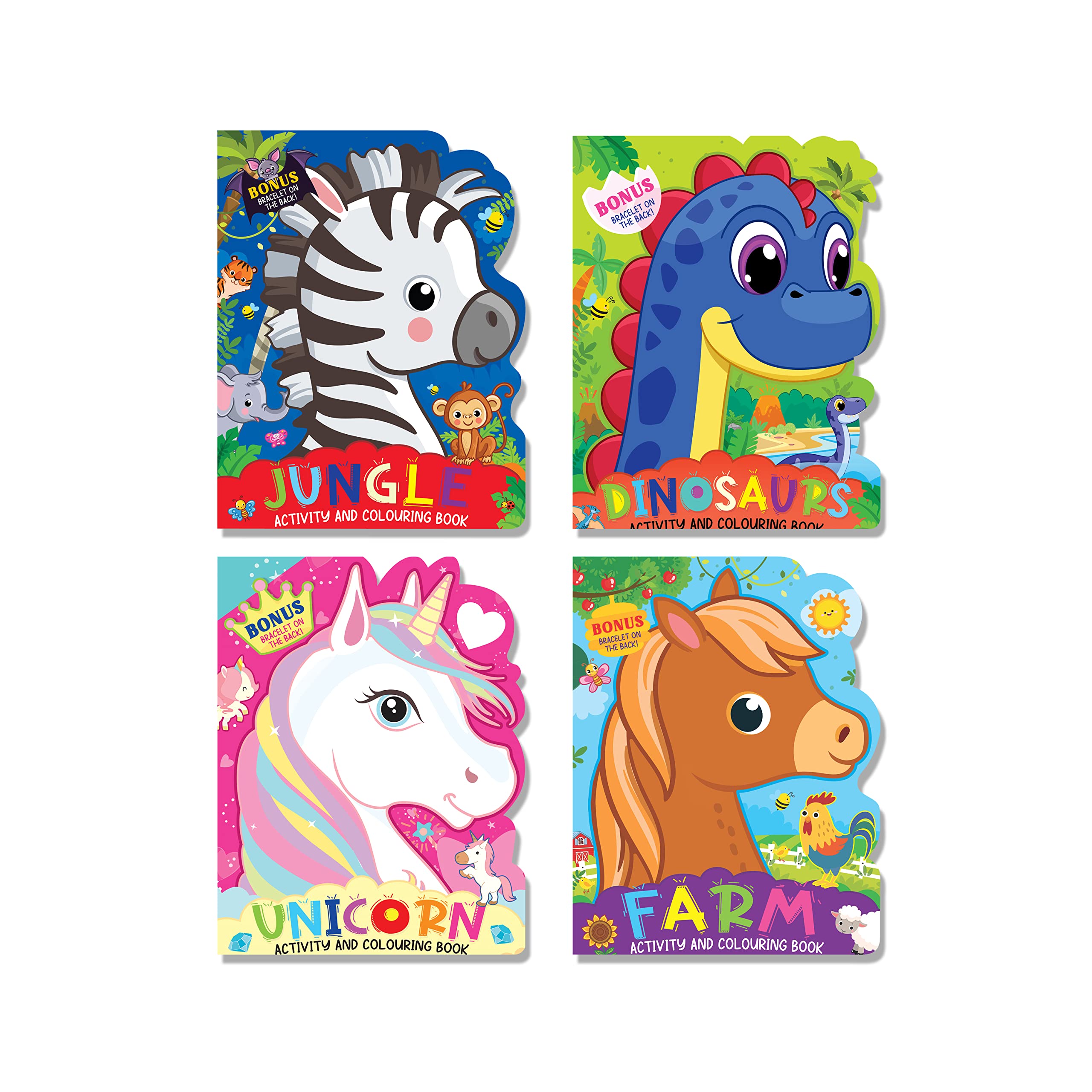 DieCut Activity And Colouring Books Pack For Kids Age 38 Years  Set Of 4 Fun Educational Books With Jungle, Dinosaurs, Unicor