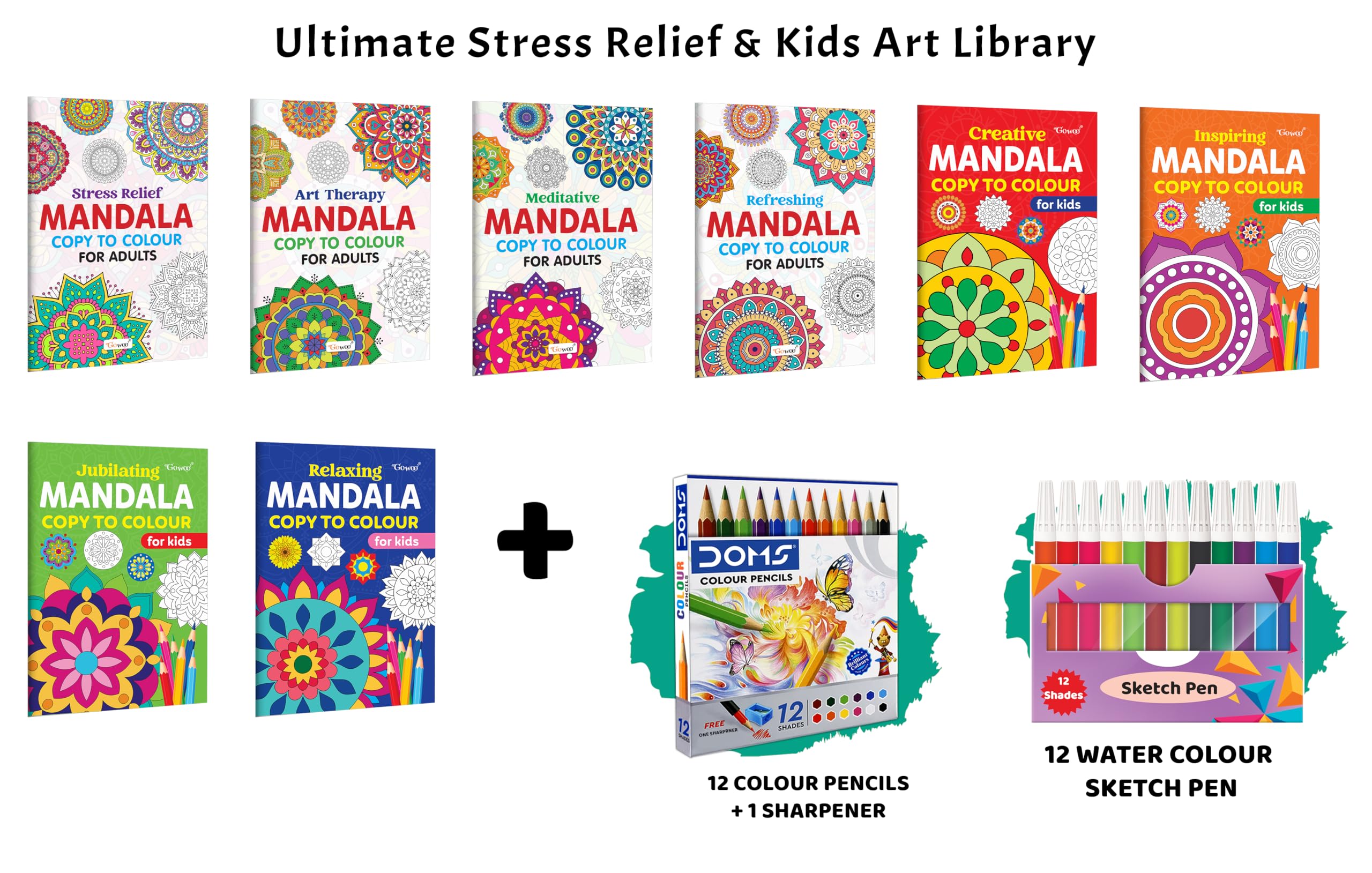 Stress Relief, Art Therapy, Refreshing  Mandala Copy to Colour for Adults & Kids and more with 12 Water Colour Sketch Pens, 12 