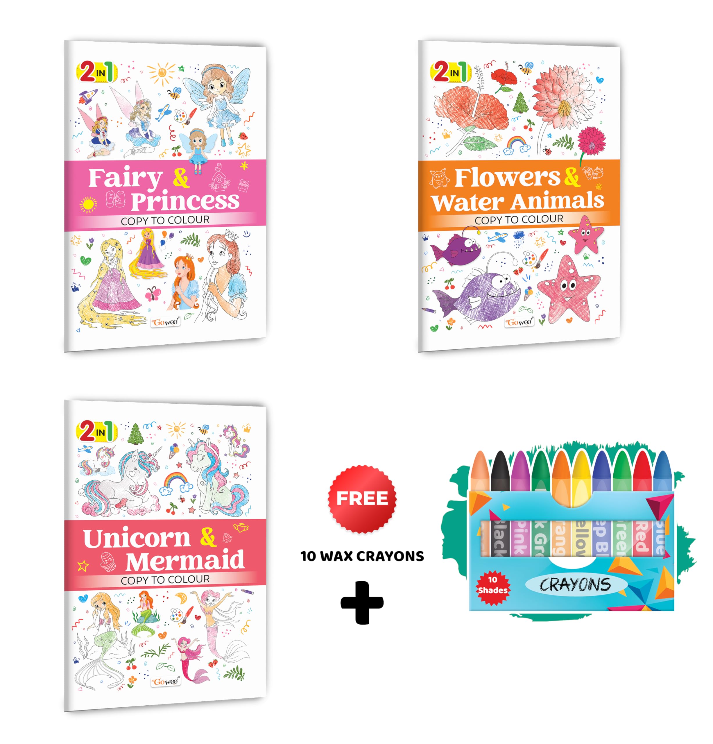 2 in 1 Copy to Colour  Fairy & Princess, Flowers & Water Animals and Unicorn & Mermaid with 10 Wax Crayons : Fantasy and ocean
