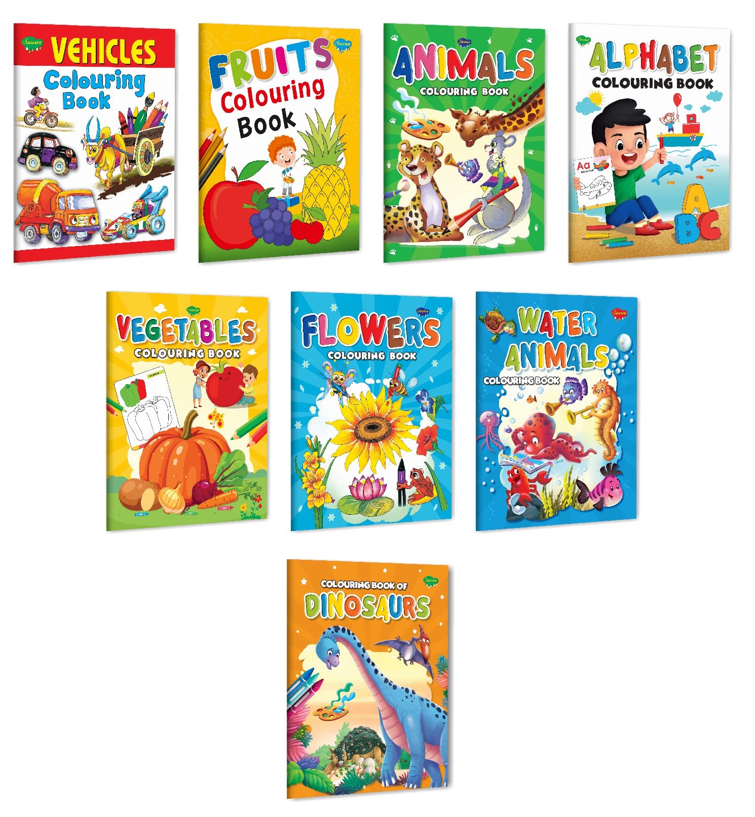 Sawan Set Of 8 Books Colouring Books For Kids (Vehicles Colouring Book, Fruits Animals, Alphabet, Vegetables, Flowers, Water, Di
