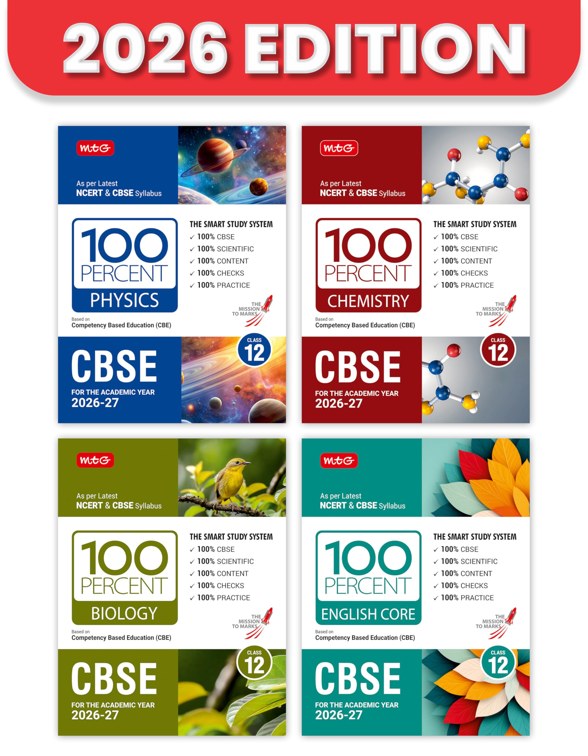 MTG 100 Percent NCERT & CBSE Physics, Chemistry, Biology, English Class 12 For 202627 Exam (Set of 4) | As Per Revised NCERT Te