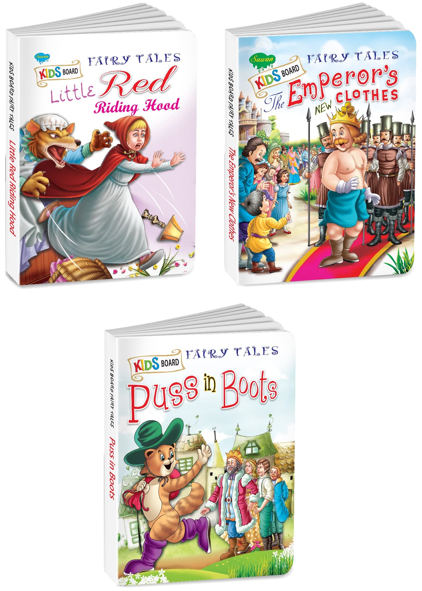 Sawan Set Of 3 Books, Kids Board Fairy Tales (The EmperorS New Clothes, Little Red Riding Hood, Puss In Boots)
