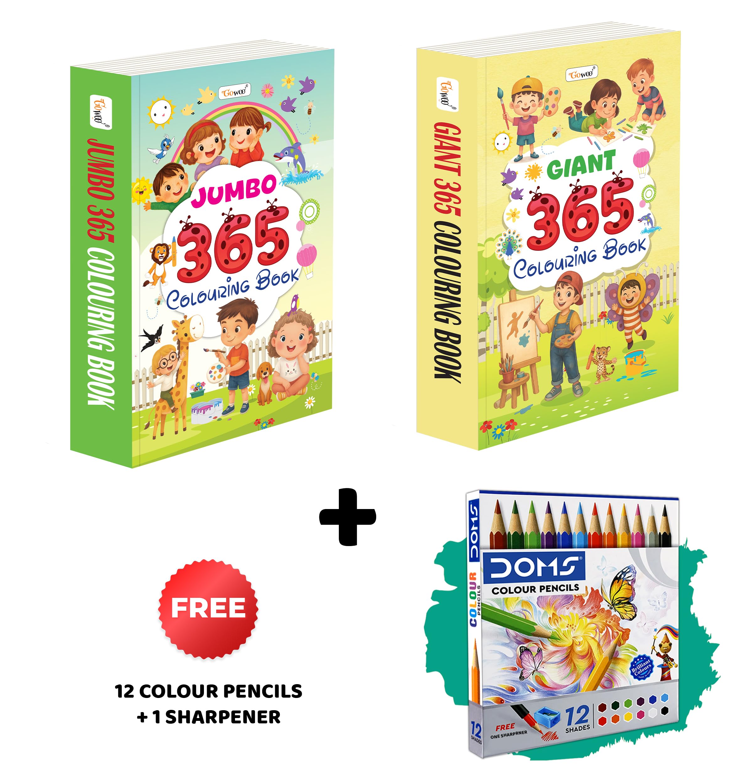 JUMBO & GIANT  365 Colouring Books and 12 Colour Pencils + 1 Sharpener : yearlong colouring set for kids, educational colouri