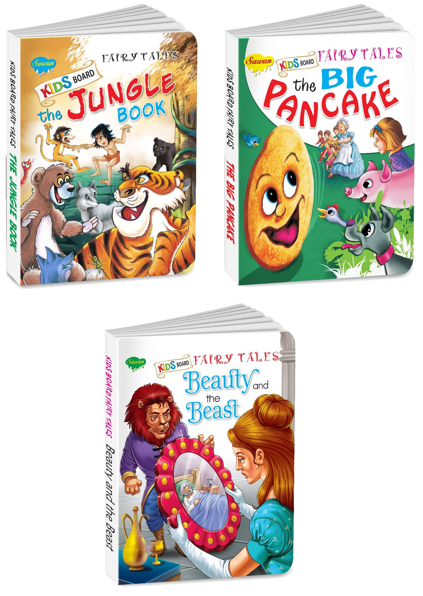 Sawan Set Of 3 Books, Kids Board Fairy Tales (The Jungle Book, The Big Pancake, Beauty And The Beast)