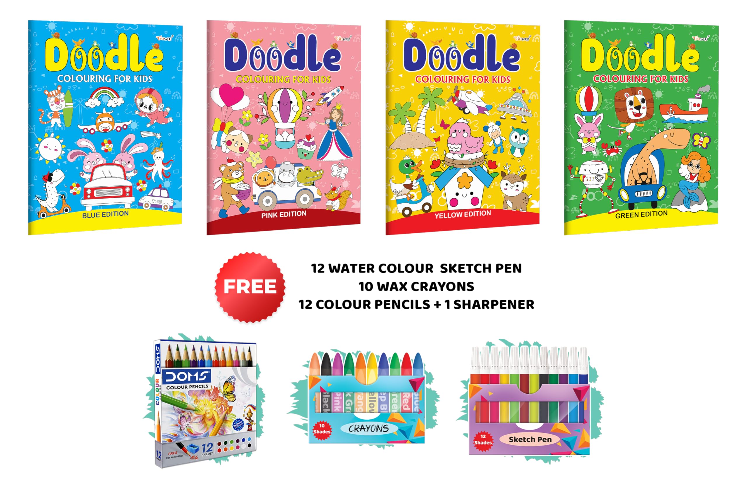 Doodle Colouring for kids  Blue, Pink, Yellow and Green Edition with 10 wax crayons, 12 water colour sketch pen and 12 colour p