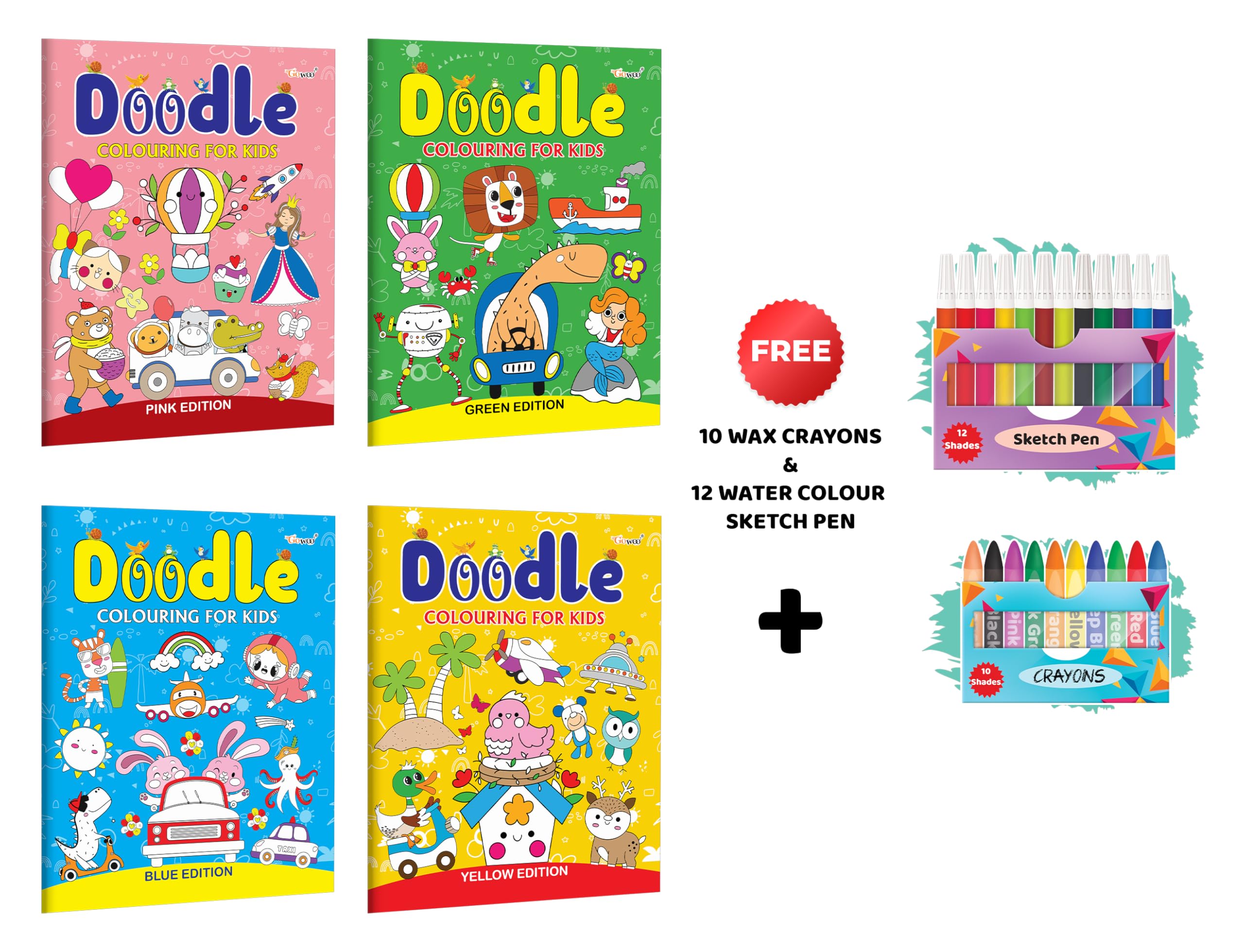 Doodle Colouring for kids  Blue, Pink, Yellow and Green Edition with 10 Wax Crayons and 12 Water Colour Sketch Pen : Early Lear