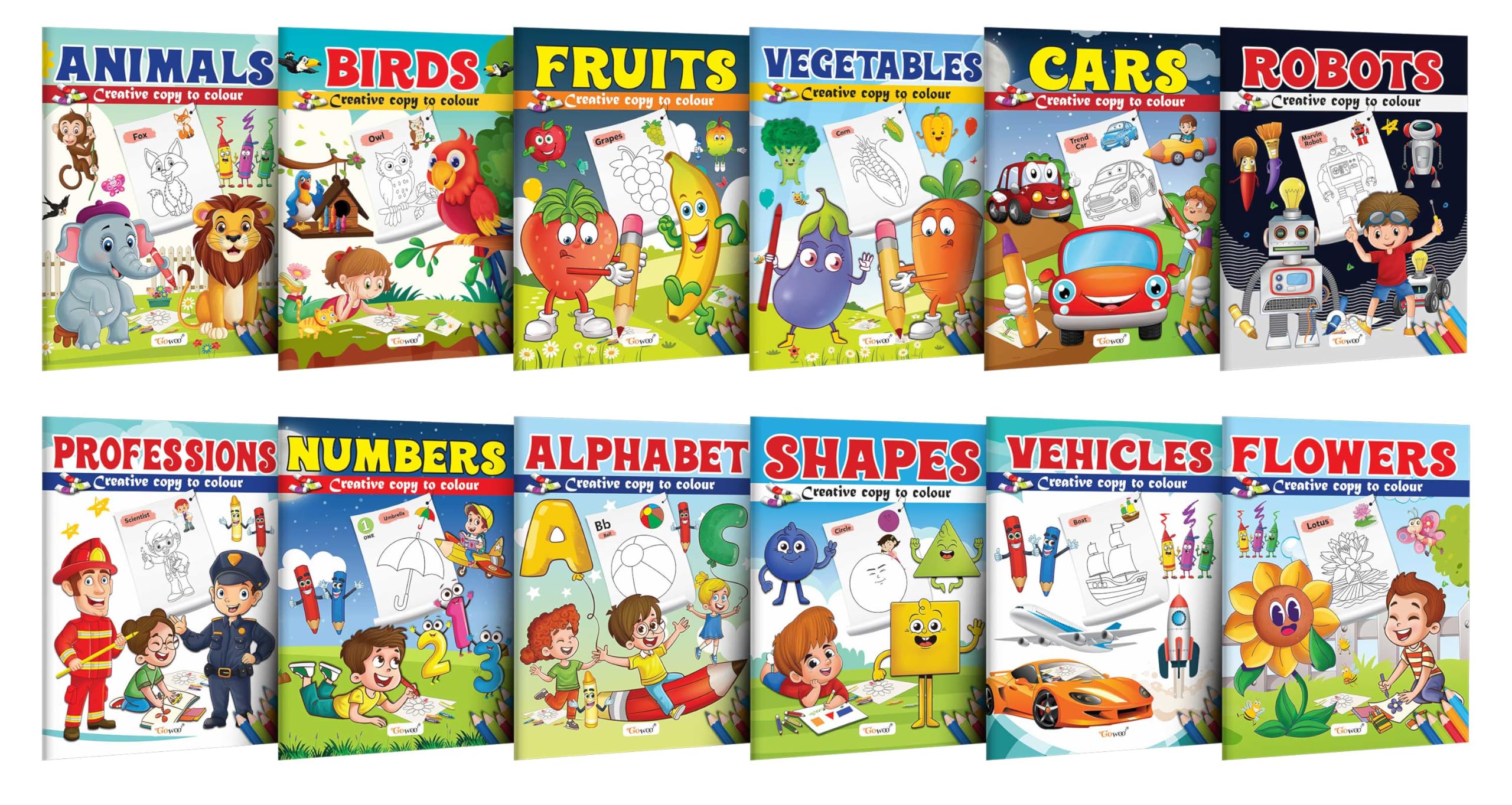 Animals, Birds, Fruits, Vegetables, Cars, Robot, Professions, Numbers, Alphabet, Shapes, Vehicle and FlowersCreative Copy to Co