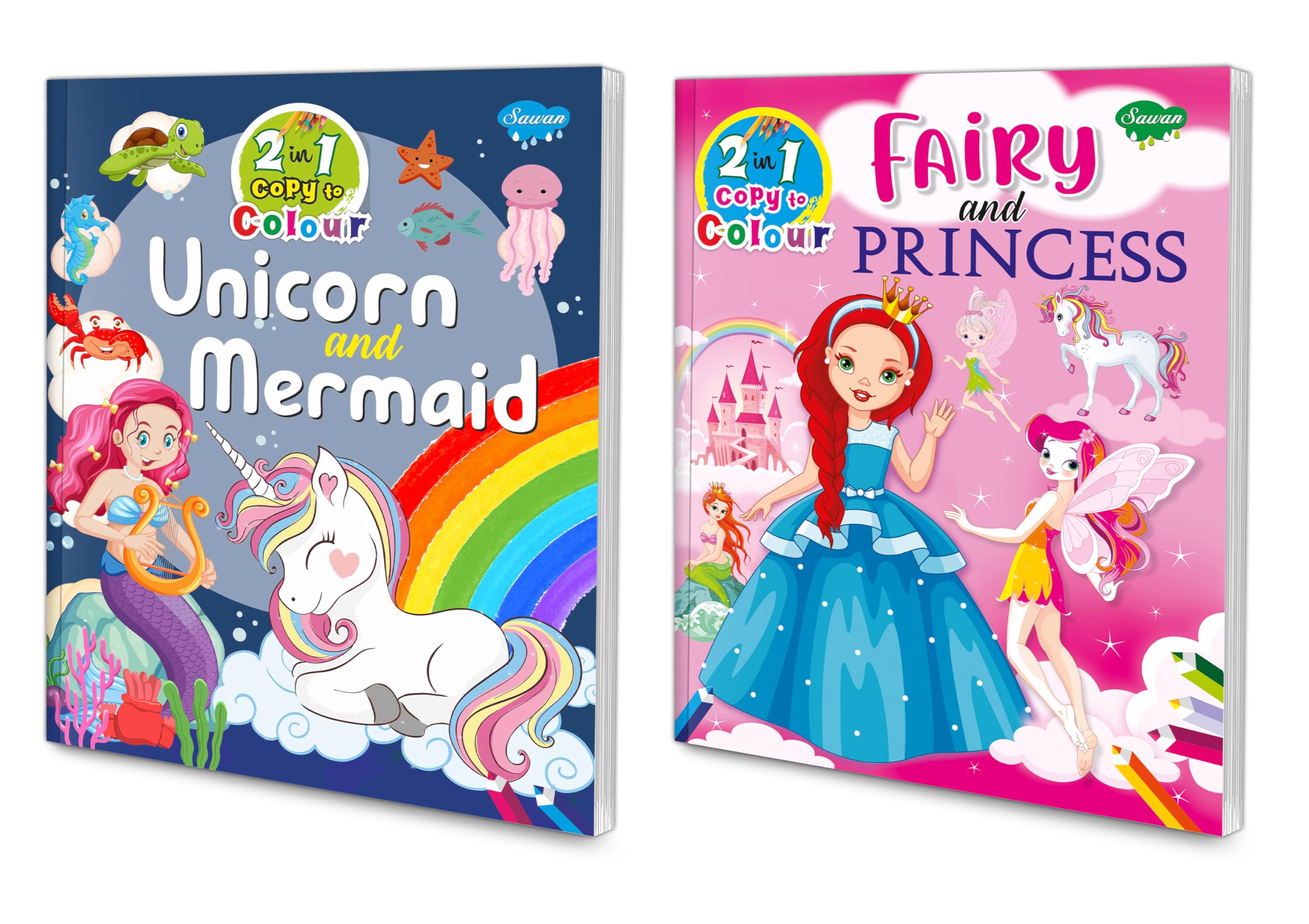 Unicorn & Mermaid and Fairy & Princess copy to colour book for kids : Copy colour book, Princess colouring book, Colouring book 